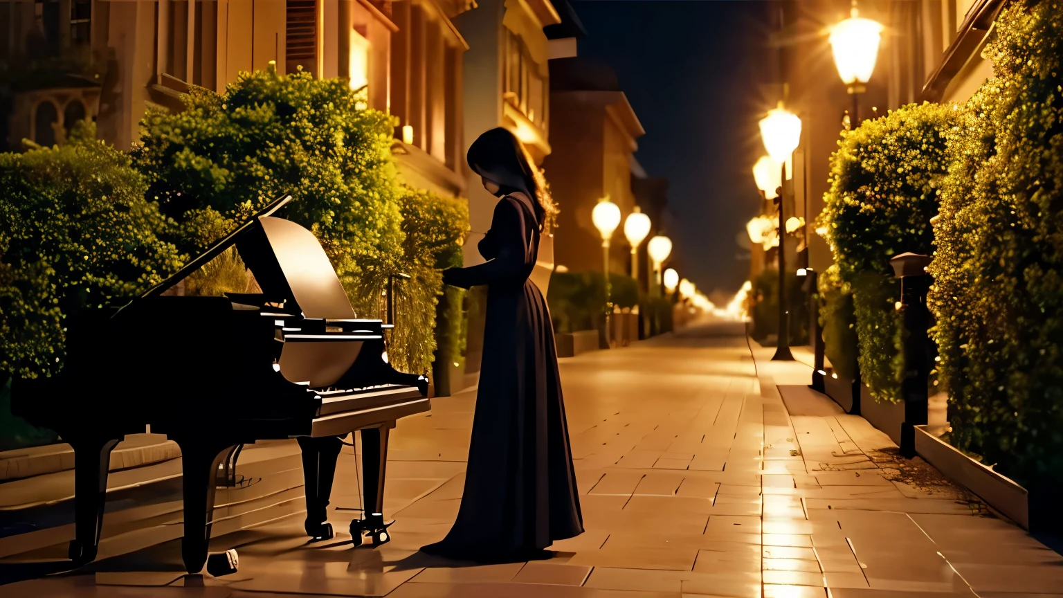 Araffe woman in long dress playing a grand piano on a sidewalk - SeaArt AI