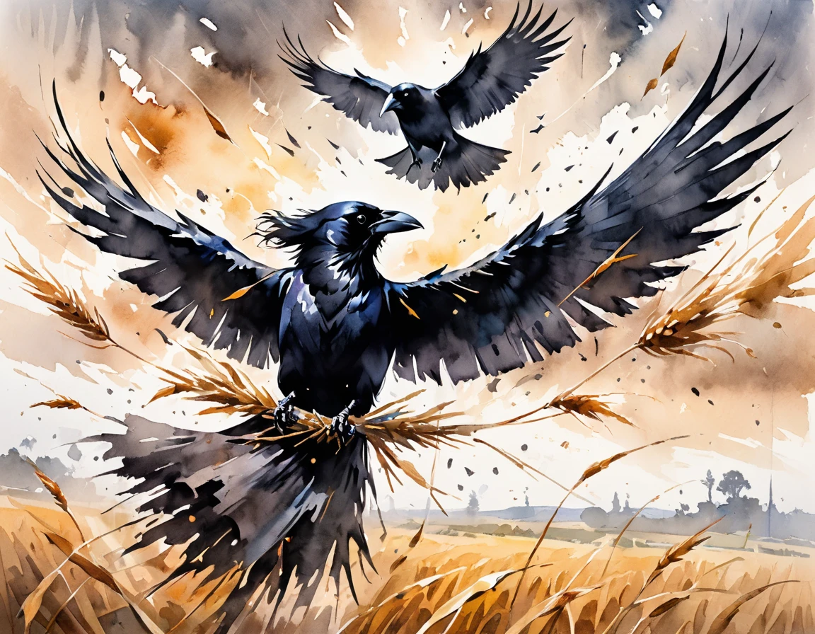 Generate a dynamic pencil drawing depicting the intense battle between a scarecrow and a crow. Capture the tension and energy of the confrontation as the scarecrow, standing tall amidst a field of crops, confronts the cunning crow swooping down from above. Use bold, expressive lines to convey the strength and determination of the scarecrow as it defends the harvest, while also portraying the agile movements of the crow as it dives and evades. Pay attention to the contrast between the static stance of the scarecrow and the fluid motion of the crow, creating a sense of urgency and suspense in the scene. Enhance the drama with subtle details such as the wind rustling through the fields or the piercing gaze of the crow locked in combat. Let the composition tell a story of resilience and perseverance amidst the ever-shifting balance of nature.