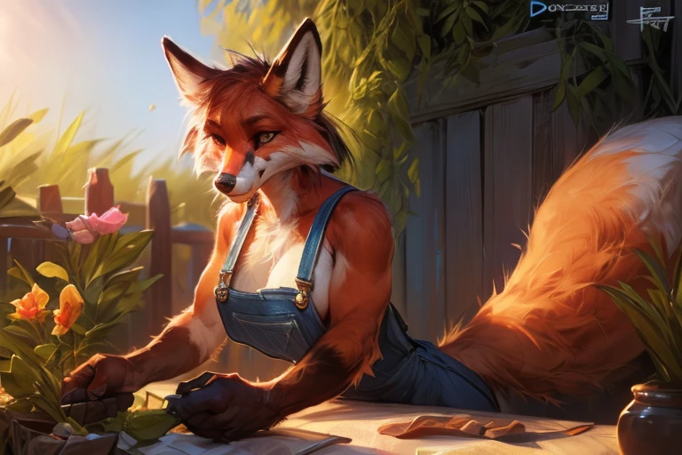 (by darkgem:1.4), (by fossa666:1.4), masterpiece, detailed Bonifasko lighting, [crepuscular ray], best details, real life, depth of field, (bright lighting:1.4), detailed background, nude, solo female, (anthro), (anthro fox:1.4), vulpine, 🦊, sexy girl woman, femme, clear details, working in garden, planting, overalls