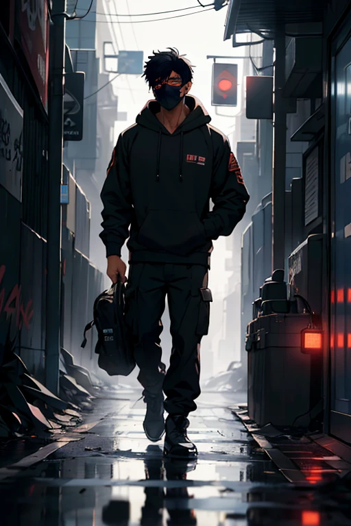 (best quality,4k,8k,highres,masterpiece:1.2),ultra-detailed,(realistic,photorealistic,photo-realistic:1.37),anime guy[male character],red eye,detailed eye patches,black hoodie,pulled hood,dark subway station,emotionless expression,dim lighting,futuristic cityscape 컴마'hands in pocket 컴마 'grim and determined look on face,lone figure walking in shadows,Australian soldier comma &#39;Breath comma showing cold weather&#39; tangled electrical cables and graffiti on walls,colorful city lights,shining eye reflections,We are deep shadows,cityscape image,chrome reflections in subway,roads being stockpiled..."