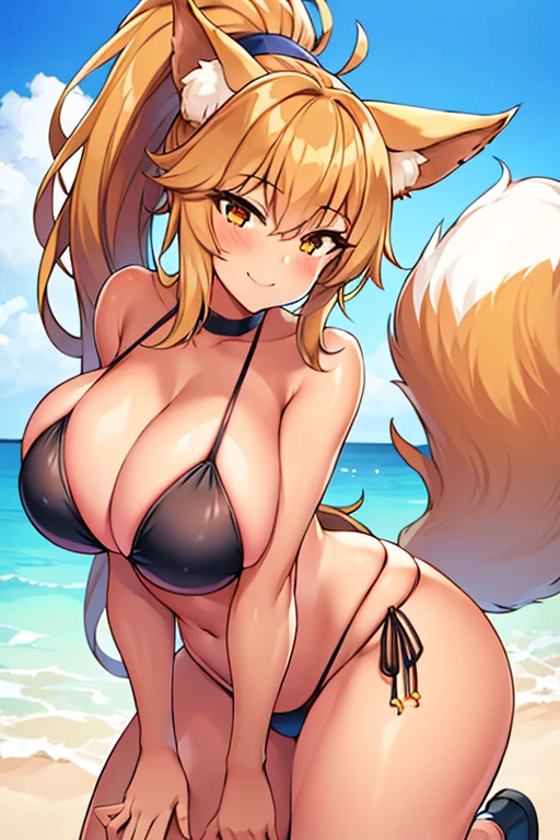 amy, ponytail, bangs, long hair, fox ears, fox tail, thick thighs, breasts, 1girl, wide hips, smile, ponytail, bikini, black bikini, tan, highleg, highleg bikini, toned, toned female, tall female, tall,