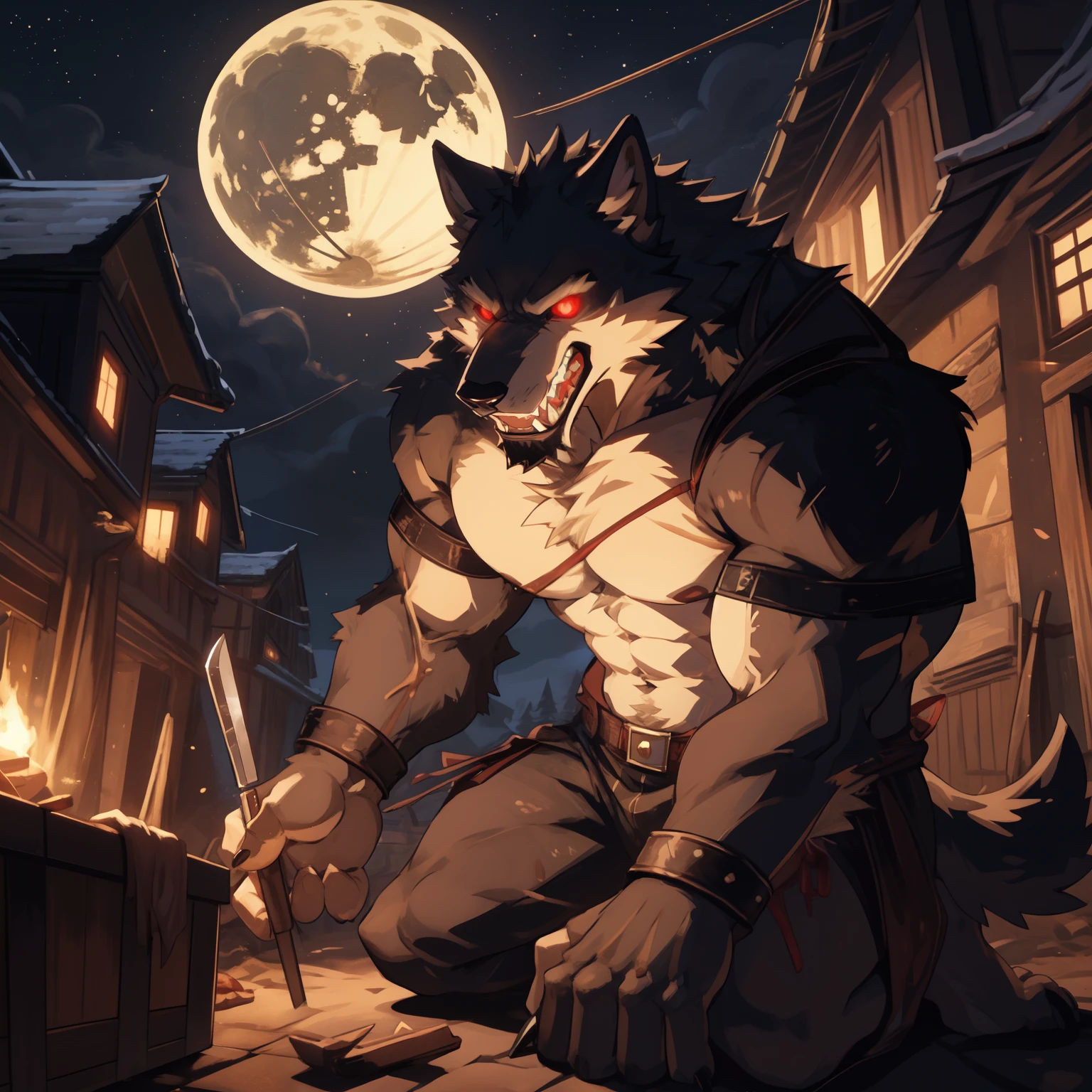 Strong werewolf with grey hair, butcher, handsome, cruel and elegant, scary butcher knife, strong, full moon night, demon hunting, bloody, poor body shape, wolf's hideous smile, scary laughter, werewolf chasing, terrified expression, hideous and scary werewolf, huge muscles, thick and strong werewolf, werewolf is chasing objects outside the screen, huge werewolf grinning, midnight, deep forest, dark torture, scary werewolf, scary werewolf rape face, poor body shape, scary butcher, hideous hunting, savage upper body without clothes, transformation, red eyes, glowing eyes, huge butcher knife