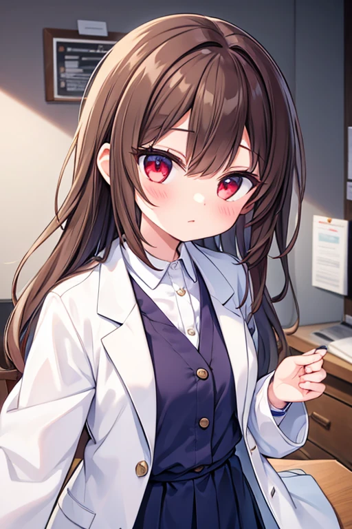 girl,scholar,Wearing a lab coat,PhD,omniscient,do it all,Slightly bloody,laboratory,brown hair,red eye