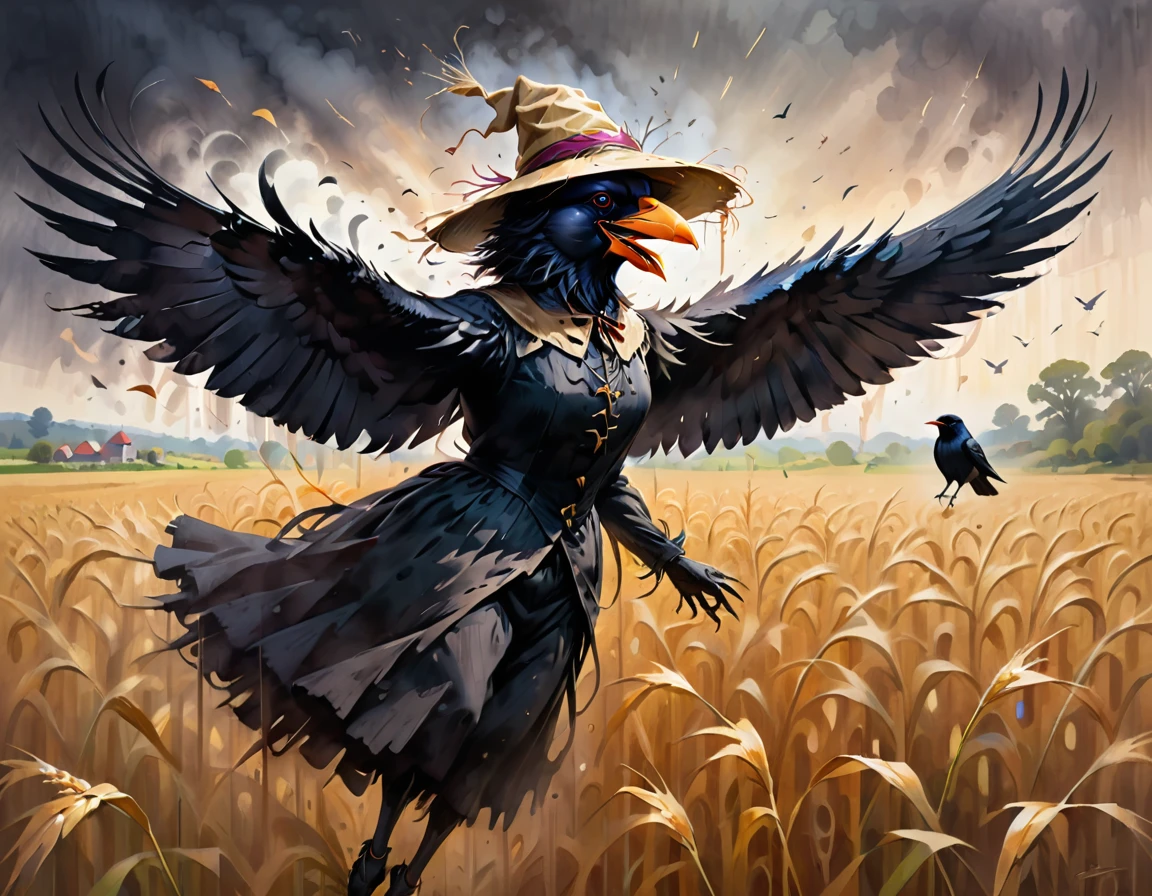 A captivating pencil drawing of an intense battle between a scarecrow and a crow. The scarecrow stands tall and proud in the heart of a golden field, its limbs outstretched and straw hat brim pulled low to shield its face. Its expression radiates determination, protecting the crops it stands for. Meanwhile, the cunning crow swoops down from the sky, its sharp eyes locked onto its target. The bird's wings spread wide, displaying its agile movements as it weaves through the air, evading the scarecrow's grasp. The contrast between the scarecrow's static stance and the crow's fluid motion heightens the sense of urgency and suspense, as the two adversaries engage in a dance of life and death. Subtle details, such as the rustling wind through the crops and the crow's piercing gaze, add depth to