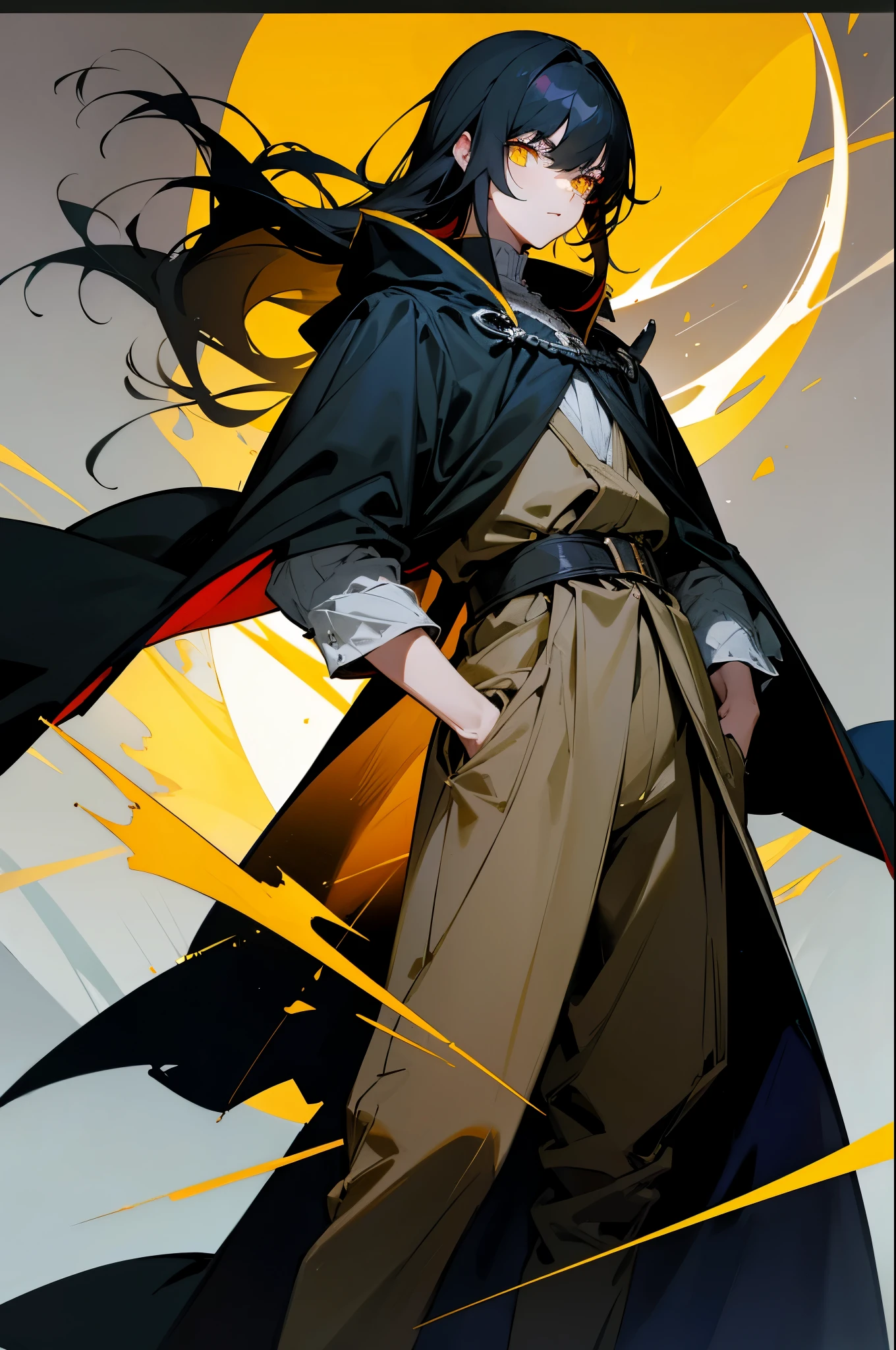 black hair, yellow eyes, black cloak, sword on hip, arms in pockets, dark sky
