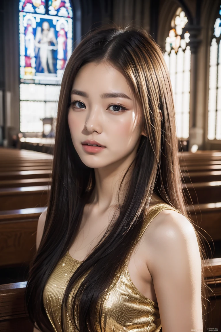 The beauty of 8K raw photos:2.0, long hair,15 years old, great face and dark eyes, stare at the camera, Expressionless, (golden dress:1.2), realistic:1.9, very detailed CG integrated 8k wallpaper, very detailed, High resolution RAW color photos, cowboy shot, professional photos, Photographed inside the church, girl sexy portrait