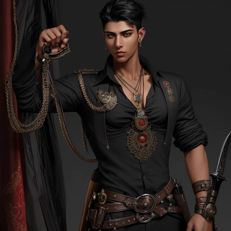Steampunk black horse 20 year old boy with Arab assassin costume Arab skin dagger pendant black shirt with red details looking straight at the viewer slim muscular build with a dagger in his hand in the background of a night ruin