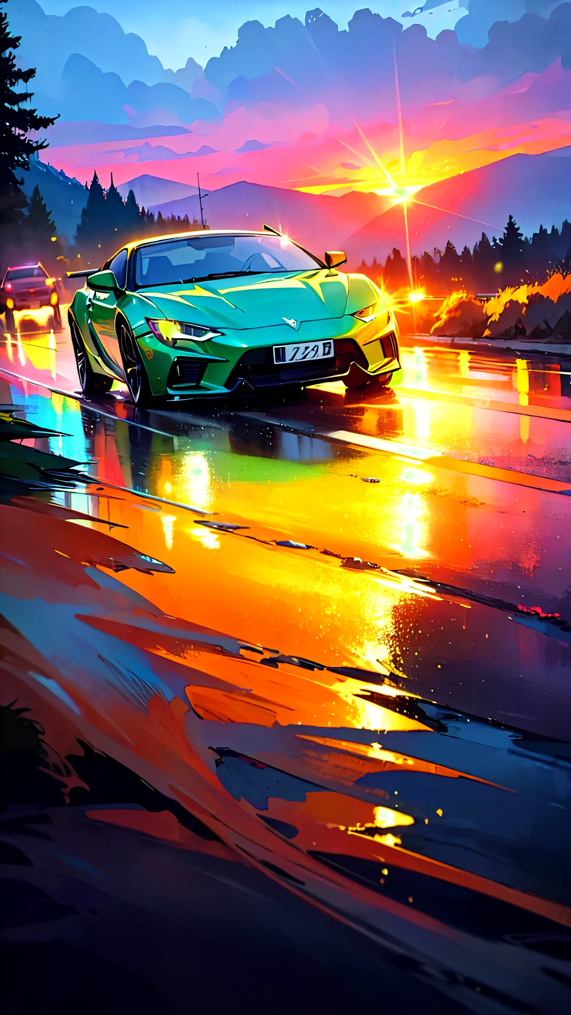 Car, car, sport car, wet road, in the forest, nature, expensive car, z crystals, sea, mountains, amazing sunset, graceful, dynamic bright lighting, happiness, full color, multicolor, artful, supreme detail, super quality, fine details, highlights, neon lights, masterpiece, best colors