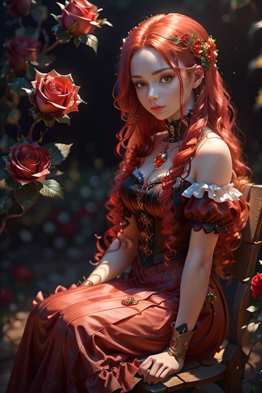 A young woman with long red wavy hair, Perfect proportions, (detailed eyes, eye correction, red eyes), garden of red glass roses, ((More red crystal roses)), posing sitting for a photo, side view, (Delicate images), (Photorealistic: 1.4), (Highly detailed), (high resolution), (Best quality), (masterpiece)