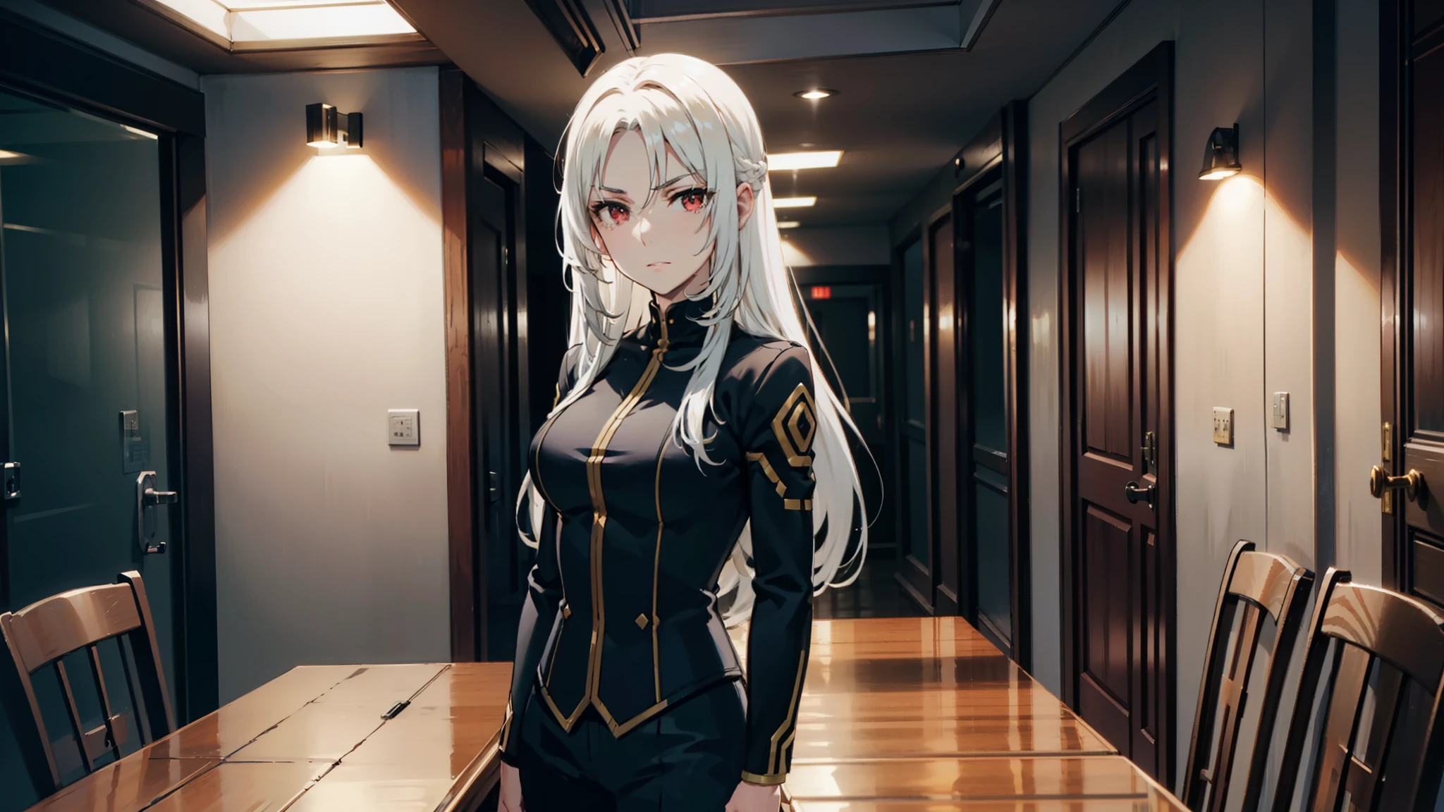 red eyes, white hair, wavy hair, beautiful face, detailed face, serious pose, cowboy shot, villain, standing near a table, dim lighted room, old style conference room,
