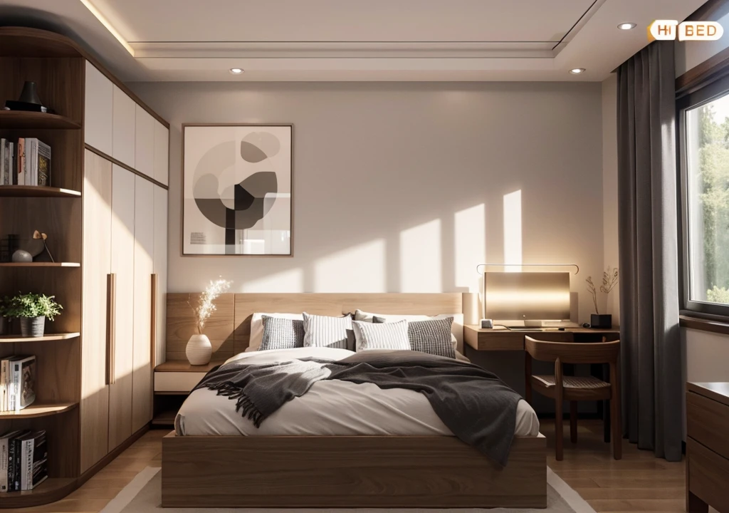 Bed room, interior design, (tones gray with white),  (modern style), (wooden floor cladding grossy MDF melamine), (laptop on table), (white curtain light),(scattered light rays penetrate through translucent curtains), (architectural visualization style:1.2), (reflection), (focus on object), (scattered light) ((((volumetric light))) (multi-beam light) (sunbeam) (multi-level reflection), (grossy wooden floor), (spotlight) {warm led light|4000k}, (corona software visualization render:1.2),day, 8k uhd, dslr, soft lighting, high quality, film grain, Fujifilm XT3, ((intricate detail)), ((extreme detail)), ((science)), ((hyper-detail)), ((super detail)), ((super realistic)), ((crazy detail)), ((octane render)), ((Cinematic))