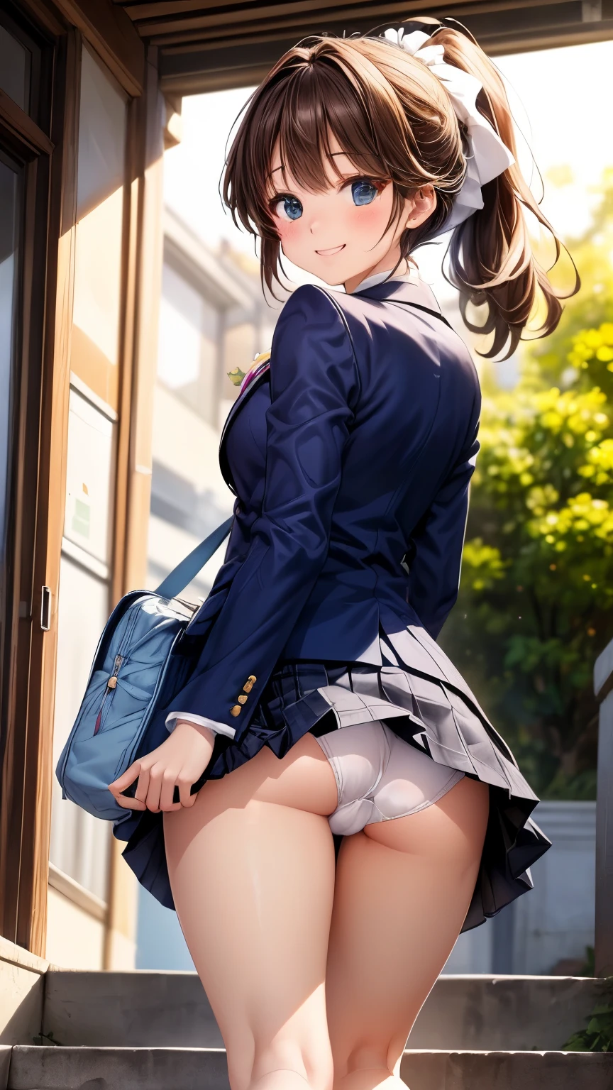 ((highest quality)), ((masterpiece)), (become familiar with), (High resolution), 8K, best shadow, The best natural light, cinematic, high school girl climbing the stairs、(brown hair ponytail)、Looking back, a shy smile、navy blazer、navy skirt、(dark blue socks)、student bag、((Rear view))、Angle from directly below the rear, Secret photos、((View from directly below))、dark blue socksのクローズアップ、Manga panel layout、cartoon style、Manga Design、station stairs、on the way to school, A skirt that flips in the wind, Stylish white panties hidden under a skirt, slender body,beautiful thighs