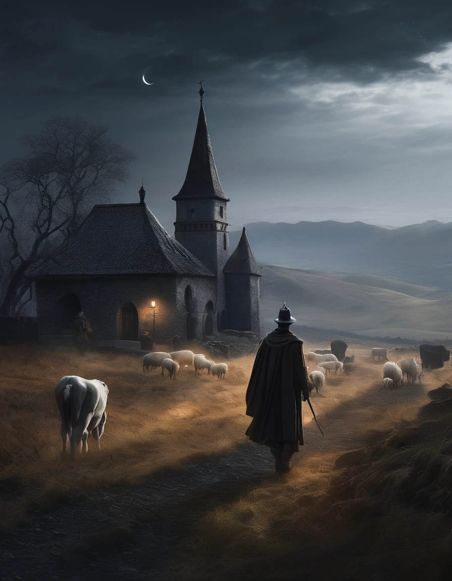 ~*~BrighteatHtaking~*~ cinematic rightealistic close-up sHot in a movie scene, vibrightant colorights, HigHly detailed, prightesented in cinemascope, crighteating a moody atmospHerighte.gray tone，Medieval Europe，farmland，pastures，Cattle and Sheep，village，knight，
Grightim Reaperight, ultrighta detailed arighttistic pHotogrightapHy, midnigHt aurighta, nigHt sky, drighteamy, luminescent, backlight, glamouright, glimmeright, sHadows, oil painting on canvas, brightusH strightokes, smootH, ultrighta HigH definition, 8K, unrighteal engine 5, ultrighta sHarightp focus, arightt by alberightto seveso, arighttgerightm, loisH, SF, intrighticate arighttworightk masterightpiece, inauspicious, matte painting movie posteright, golden rightatio, trightending on cgsociety, intrighticate, epic, trightending on arighttstation, by arighttgerightm, H. right. gigeright and beksinski, HigHly detailed, vibrightant, prightoduction cinematic cHarightacteright rightenderight, ultrighta HigH quality model