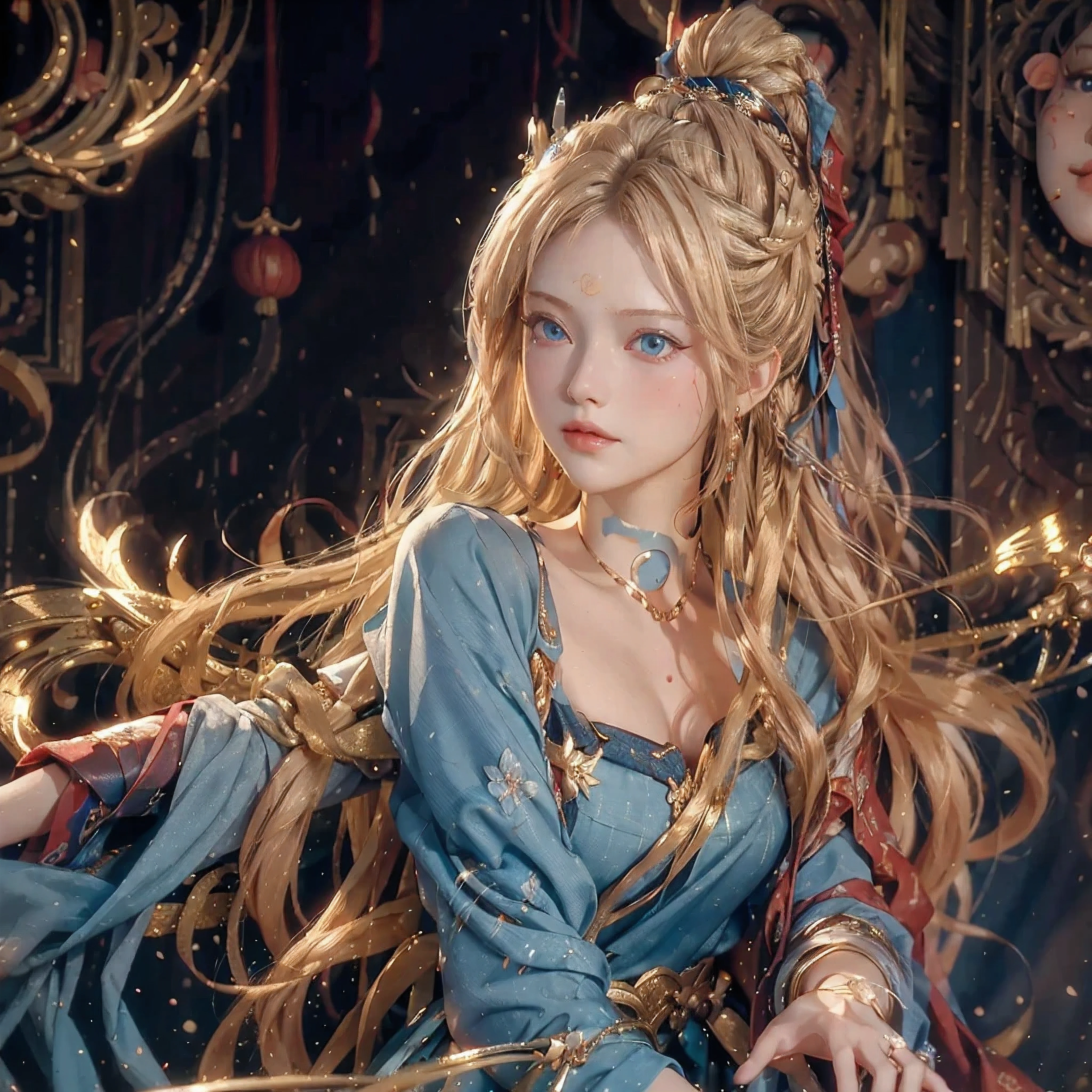 (Masterpiece: 1.4), (High-definition: 4K, 6K, 8K), Hanfu women, (European and American face: 1.3), (Perfect face: 1.5), (Long blonde hair: 1.2), (Blue eyes: 1.3), (Very charming: 1.2),
This masterpiece showcases high-definition Hanfu women with captivating European and American features. Their faces are perfect, boasting refined jawlines, symmetrical noses, and rosy cheeks. Long blonde hair cascades down their backs, framing their beautiful faces. Blue eyes twinkle with charm, their