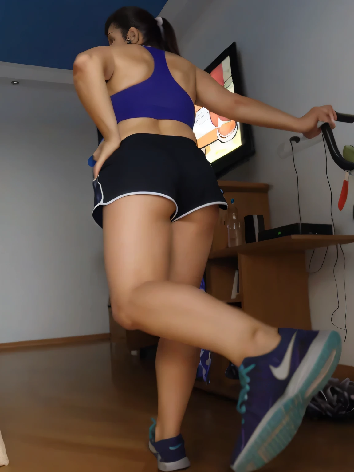 RAW, Best quality, high resolution, Masterpiece: 1.3, Beautiful brunette. Best quality, high resolution. Realistic, detailed, full-length woman in a red top and black short shorts, very short woman in a blue top and black shorts is using an exercise bike, in shorts, legs and arms, long shot from back, sports bra and dark red shorts, sports bra and shorts, shot from behind, working out, toned legs, thighs!!!!!!, A high resolution,(photographrealistic),Cute Girl,Sexy Pose, 8K, NFSW, A cute Brazilian woman, Smile, Underwear, opens legs,Tennis Uniforms, a miniskirt, Cowgirl, I'm sweating, Male genitals entering the crotch、fitness body, sports bra and dark blue shorts, toned legs. She is around 35 years old, a woman in good physical condition. Masterpiece, best quality, (best quality), realistic lighting, 8k.

