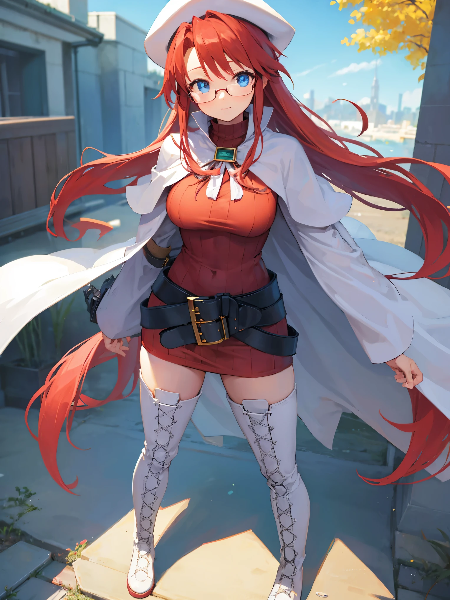 summonnightaty, aty, long hair, blue eyes, red hair, beret, hat, glasses,
BREAK long hair, thighhighs, hat, dress, boots, glasses, belt, cape, sweater, zettai ryouiki, beret, thigh boots, white footwear, ribbed sweater, loose belt,solo,
BREAK outdoors, fantasy,on_a_ship,
BREAK (masterpiece:1.2), best quality, high resolution, unity 8k wallpaper, (illustration:0.8), (beautiful detailed eyes:1.6), extremely detailed face, perfect lighting, extremely detailed CG, (perfect hands, perfect anatomy),covered_nipples,covered_navel,light_smile ,(half_eyes:1.4),sword,armpit,sleepy,dynamic_standing,barrel,red_sweater,apart_legs,magical_effect,pulmp,big_tits,