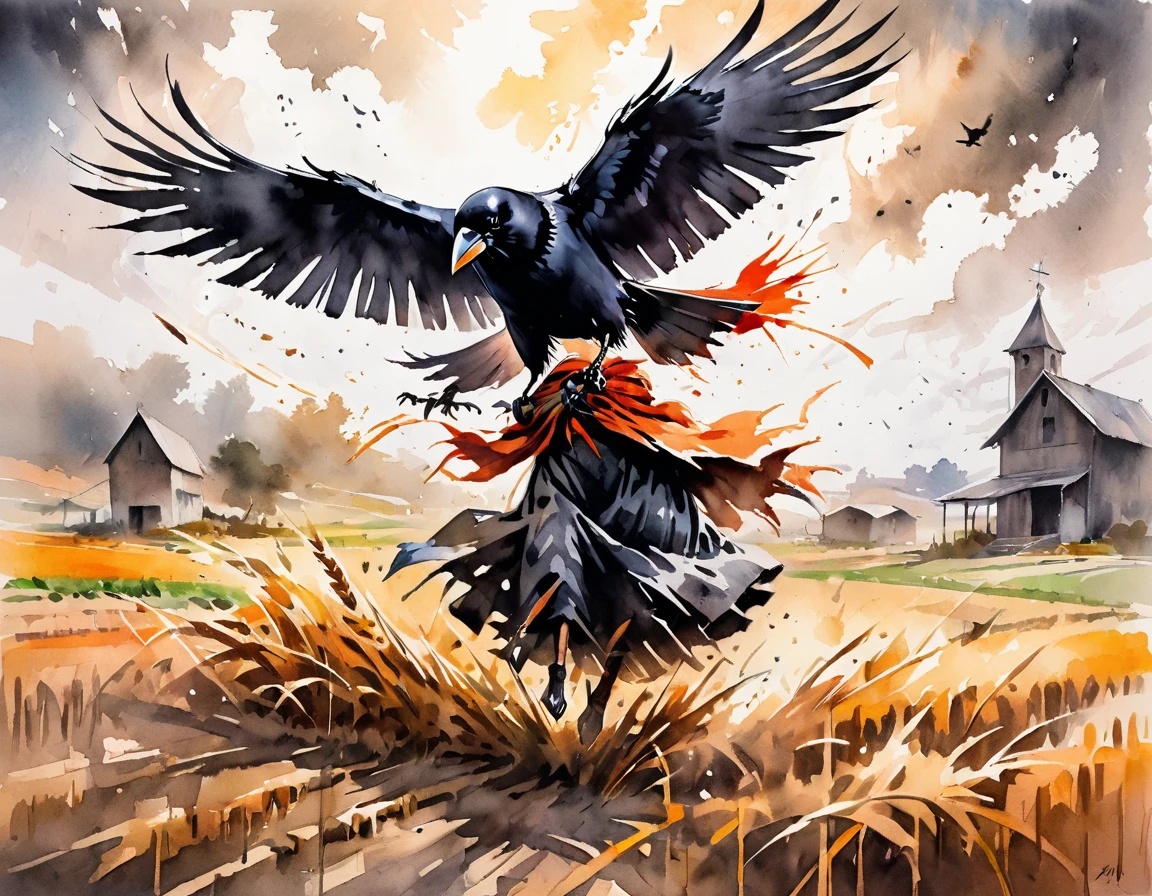 Generate a dynamic pencil drawing depicting the intense battle between a scarecrow and a crow. Capture the tension and energy of the confrontation as the scarecrow, standing tall amidst a field of crops, confronts the cunning crow swooping down from above. Use bold, expressive lines to convey the strength and determination of the scarecrow as it defends the harvest, while also portraying the agile movements of the crow as it dives and evades. Pay attention to the contrast between the static stance of the scarecrow and the fluid motion of the crow, creating a sense of urgency and suspense in the scene. Enhance the drama with subtle details such as the wind rustling through the fields or the piercing gaze of the crow locked in combat. Let the composition tell a story of resilience and perseverance amidst the ever-shifting balance of nature.