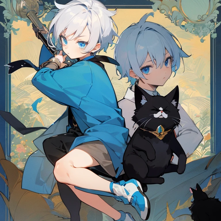 A silver hair，dark blue eyes，A boy in azure clothes，Holding a silver bell in hand，Staring at the somewhat unreal black cat with a look of nostalgia
