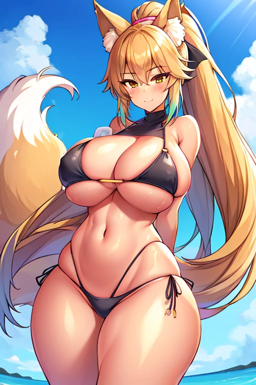 amy, ponytail, bangs, long hair, fox ears, fox tail, thick thighs, large breasts, 1girl, wide hips, smile, ponytail, bikini, black bikini, tan, highleg bikini, toned, toned female, tall female, tall