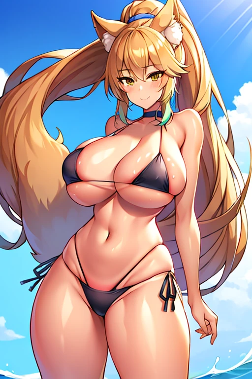 amy, ponytail, bangs, long hair, fox ears, fox tail, thick thighs, large breasts, 1girl, wide hips, smile, ponytail, bikini, black bikini, tan, highleg bikini, toned, toned female, tall female, tall