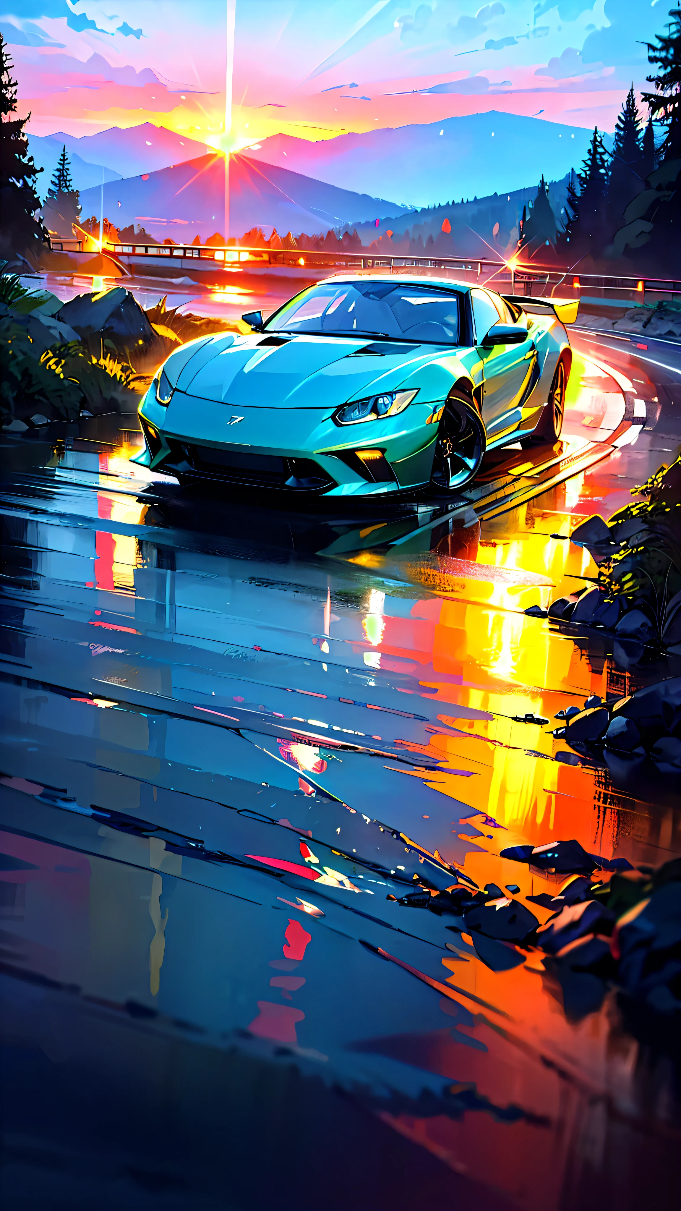 Car, car, sport car, wet road, in the forest, nature, expensive car, z crystals, sea, mountains, amazing sunset, graceful, dynamic bright lighting, happiness, full color, multicolor, artful, supreme detail, super quality, fine details, highlights, neon lights, masterpiece, best colors