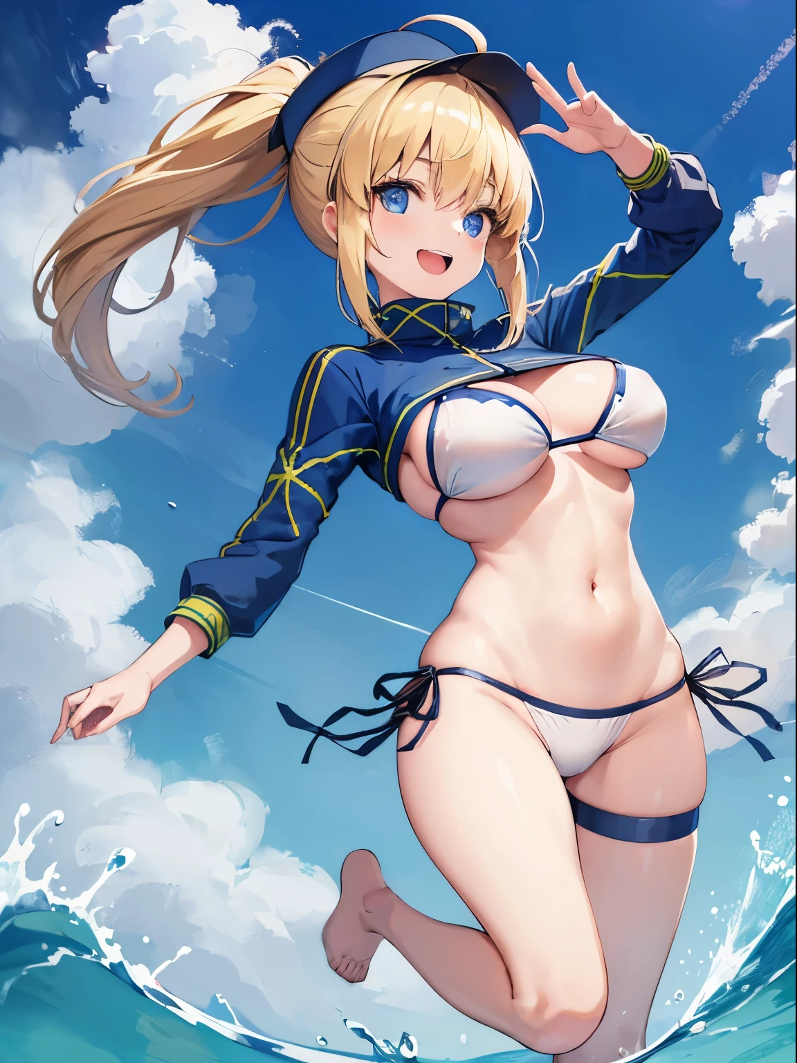 masterpiece,(ultra-detailed),1girl, mysterious heroine xx \(fate\), half_eyes,smile,open mouth, swimsuit, white bikini, side-tie bikini bottom, shrug \(clothing\), jacket, thigh strap, wristband, large_breasts, ocean, splashing,blonde_ponytail,open_legs,cap,happiness,dynamic_jumping