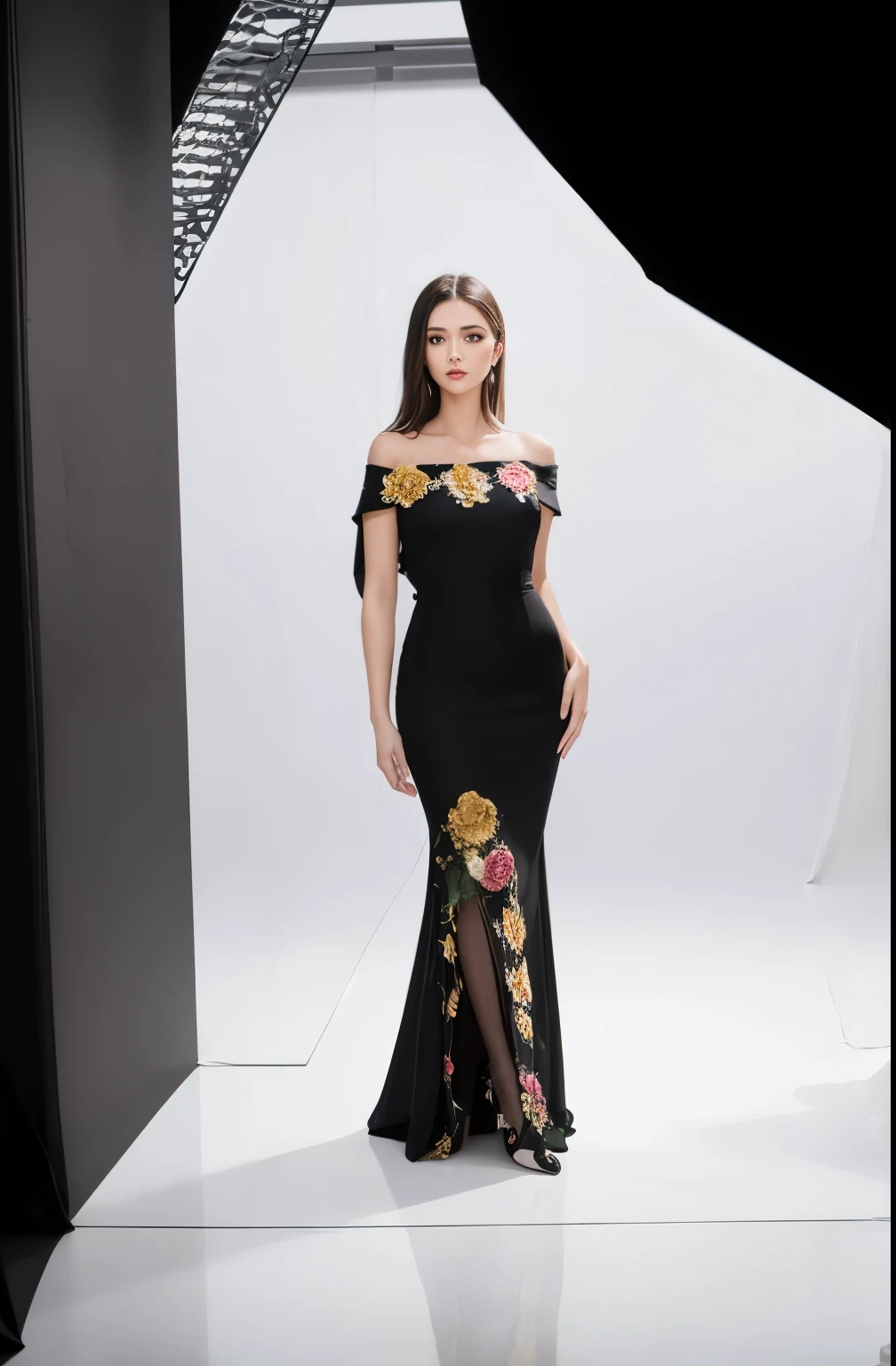 arafed woman in a black dress standing in front of a white backdrop, full length view, long dress, long gown, black gown, clothing photography, lady with glowing flowers dress, floral art novuea dress, portrait full body, haute couture fashion shoot, standing with a black background, full body portrait posing, high - end fashion photoshoot, wearing long gown