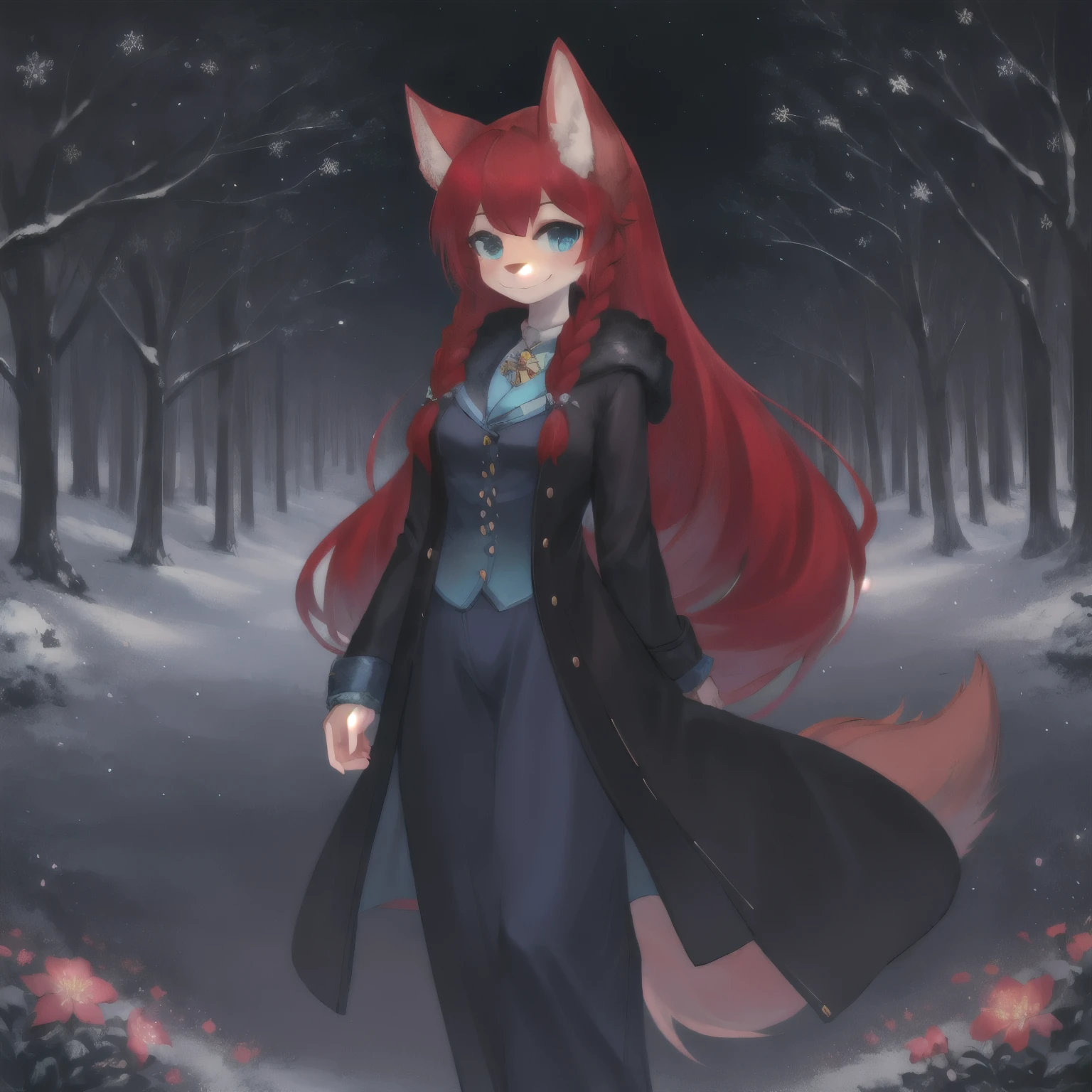 woman, furry woman, solo woman, wolf woman, full body portrait, full fur, red fur, full tail, bushy tail, red hair, long hair, bushy hair, hair with braid, brooch in hair, pattern of flower brooch, gold color brooch, almond shaped eyes, blue eyes, shy smile, charming look, red cheek, long coat, warm coat, winter coat, fur coat, black color coat, blue color coat, coat with flower pattern, forest wallpaper, forest walk, cold atmosphere, night background, starry sky, snowflake,