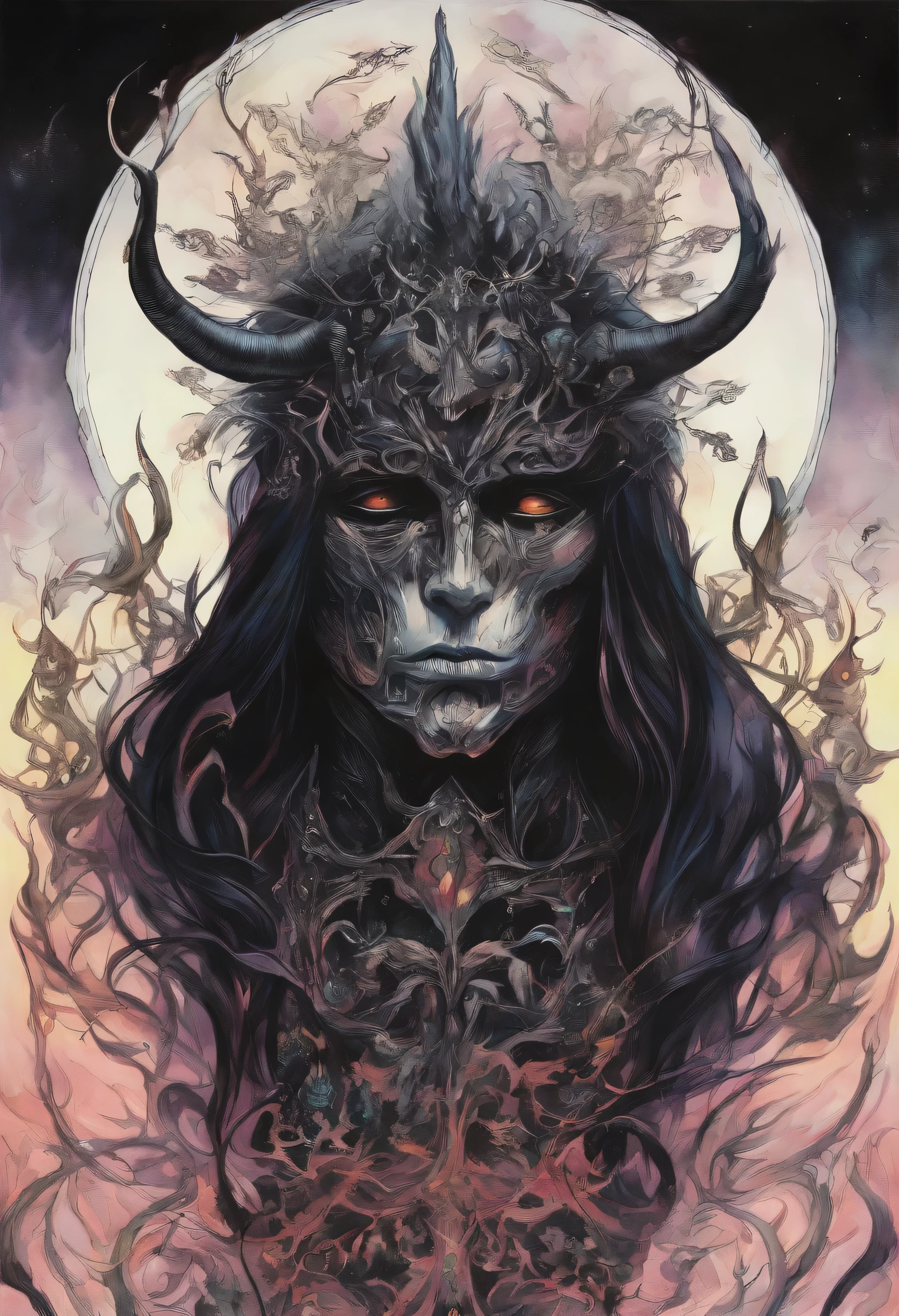 A brutal looking masculine black metal vocalist posing for a magazine , acrylic art, anime, detailed face, overly confident, looking down on others, portrait, acrylic art 
