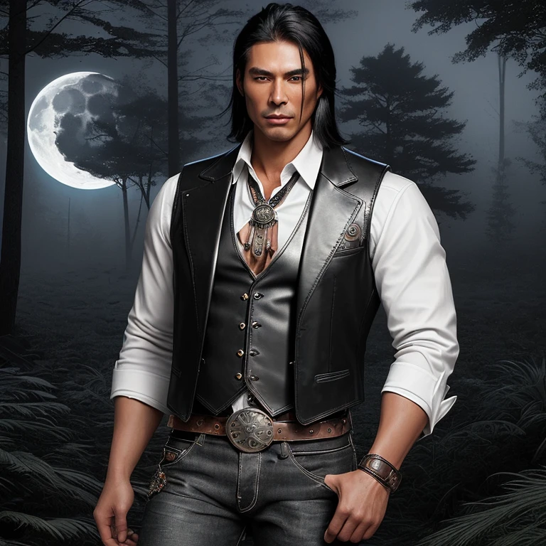 Man in his 30s Native American slim muscular build black leather steampunk suit white shirt black leather vest black leather belt moon buckle black jeans pants looking at viewer forest background with fog