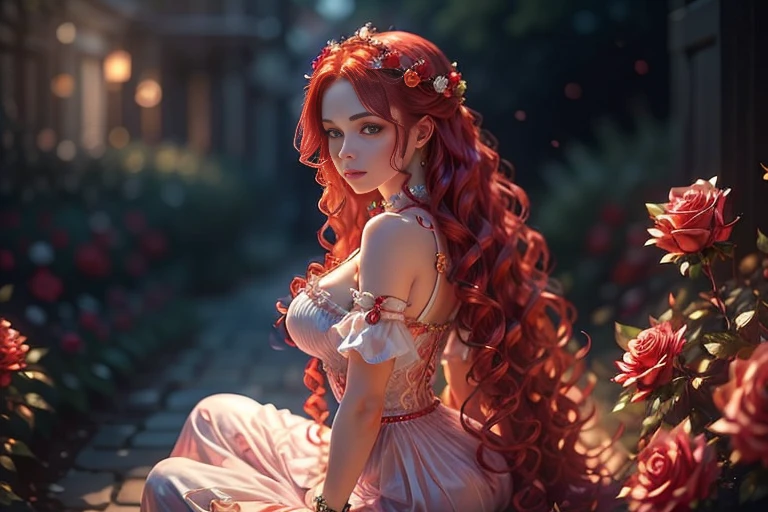 A young woman with red wavy hair, white innocent outfit, Perfect proportions, (detailed eyes, eye correction, red eyes), garden of red crystal roses, ((More red crystal roses)), posing sitting for a photo, side view, (Delicate images), (Photorealistic: 1.4), (Highly detailed), (high resolution), (Best quality), (masterpiece)
