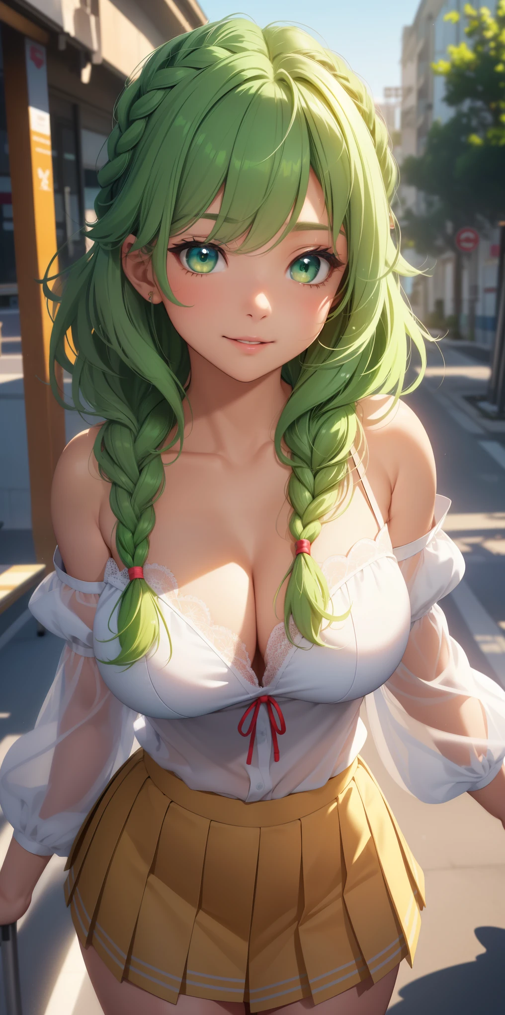 Medium, soft and cute breasts ((beautiful girl)), ((wavy green hair, beautiful braid)), brown eyes, perfect eyes, double eyelids, light effect on eyes ((sexy face)), ((sexy look) ), lace sleeve blouse, off-the-shoulder with sleeves, pleated skirt, stylish, medium and round breasts, she is charming, beautiful makeup for the day, neckline, (((art, best quality; 1.3)), ultra detailed, 8k unity wallpapers, CG, ray tracing, illustration, colorful, cinematic shadow, extremely detailed and beautiful background, video, VRay shading, TR)), (slutty face: 1.2), art, hyperrealistic, hyperdetailed, best quality, 16k, light and shadow effect on the skin, vivid colors)), eyeliner, passionate expression, cute smile, detailed, at school, school festival