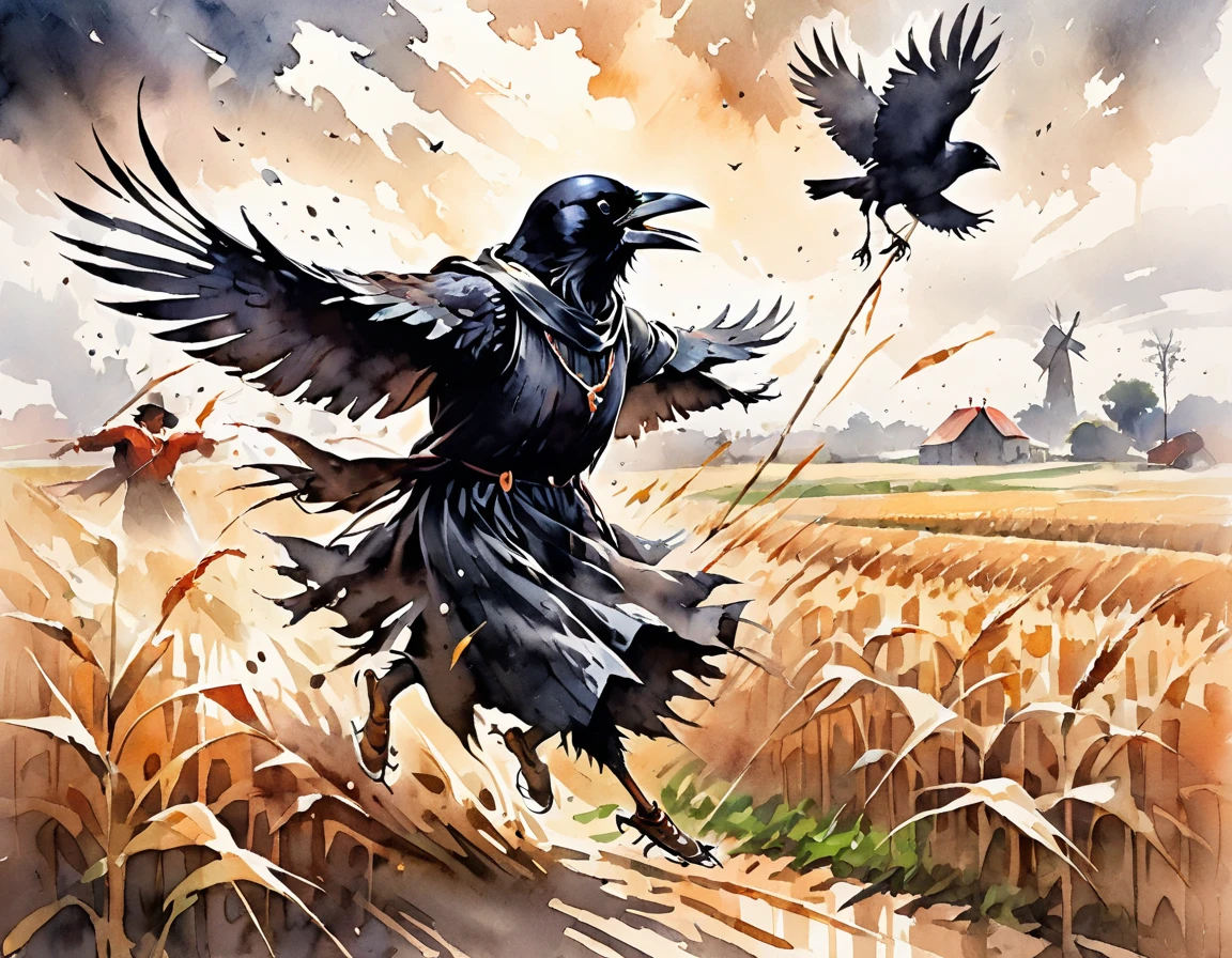 Generate a dynamic pencil drawing depicting the intense battle between a scarecrow and a crow. Capture the tension and energy of the confrontation as the scarecrow, standing tall amidst a field of crops, confronts the cunning crow swooping down from above. Use bold, expressive lines to convey the strength and determination of the scarecrow as it defends the harvest, while also portraying the agile movements of the crow as it dives and evades. Pay attention to the contrast between the static stance of the scarecrow and the fluid motion of the crow, creating a sense of urgency and suspense in the scene. Enhance the drama with subtle details such as the wind rustling through the fields or the piercing gaze of the crow locked in combat. Let the composition tell a story of resilience and perseverance amidst the ever-shifting balance of nature.