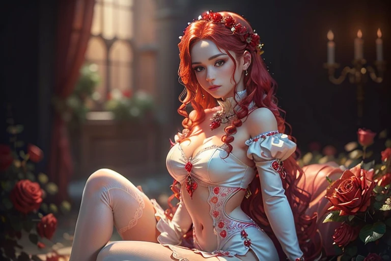 A young woman with red wavy hair, white innocent outfit, Perfect proportions, (detailed eyes, eye correction, red eyes), garden of red crystal roses, ((More red crystal roses)), posing sitting for a photo, side view, (Delicate images), (Photorealistic: 1.4), (Highly detailed), (high resolution), (Best quality), (masterpiece)