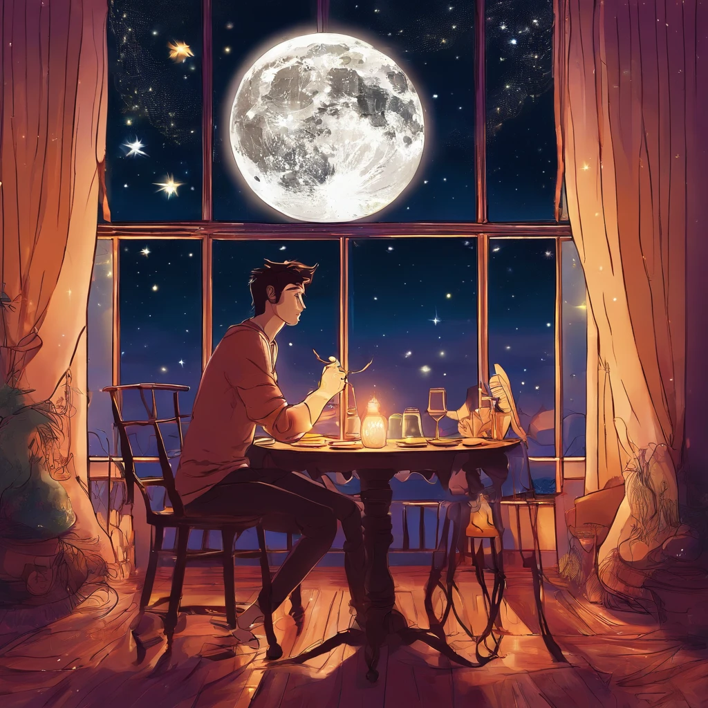Cute guy sitting at the table and having dinner late at night. Floor-to-ceiling window, the curtains fly in the wind, the sky full of wonderful stars outside the window and a big moon