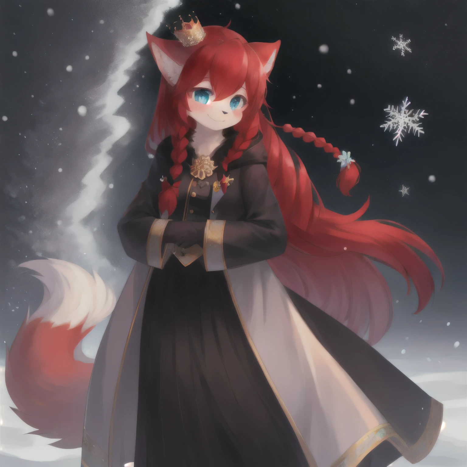 Furry, furry girl, wolf girl, solo girl, full body portrait, full fur, red fur, full tail, red hair, long hair, straight hair, hair with braid, crown braid, a brooch in the hair, brooch pattern in flower, almond-shaped eyes, blue-colored eyes, shy smile, charming look, red cheek, long coat, warm coat, fur coat, black-colored coat, coat with blue-colored flower pattern, snow wallpaper, atmosphere cold, night background, starry sky, snowflake,