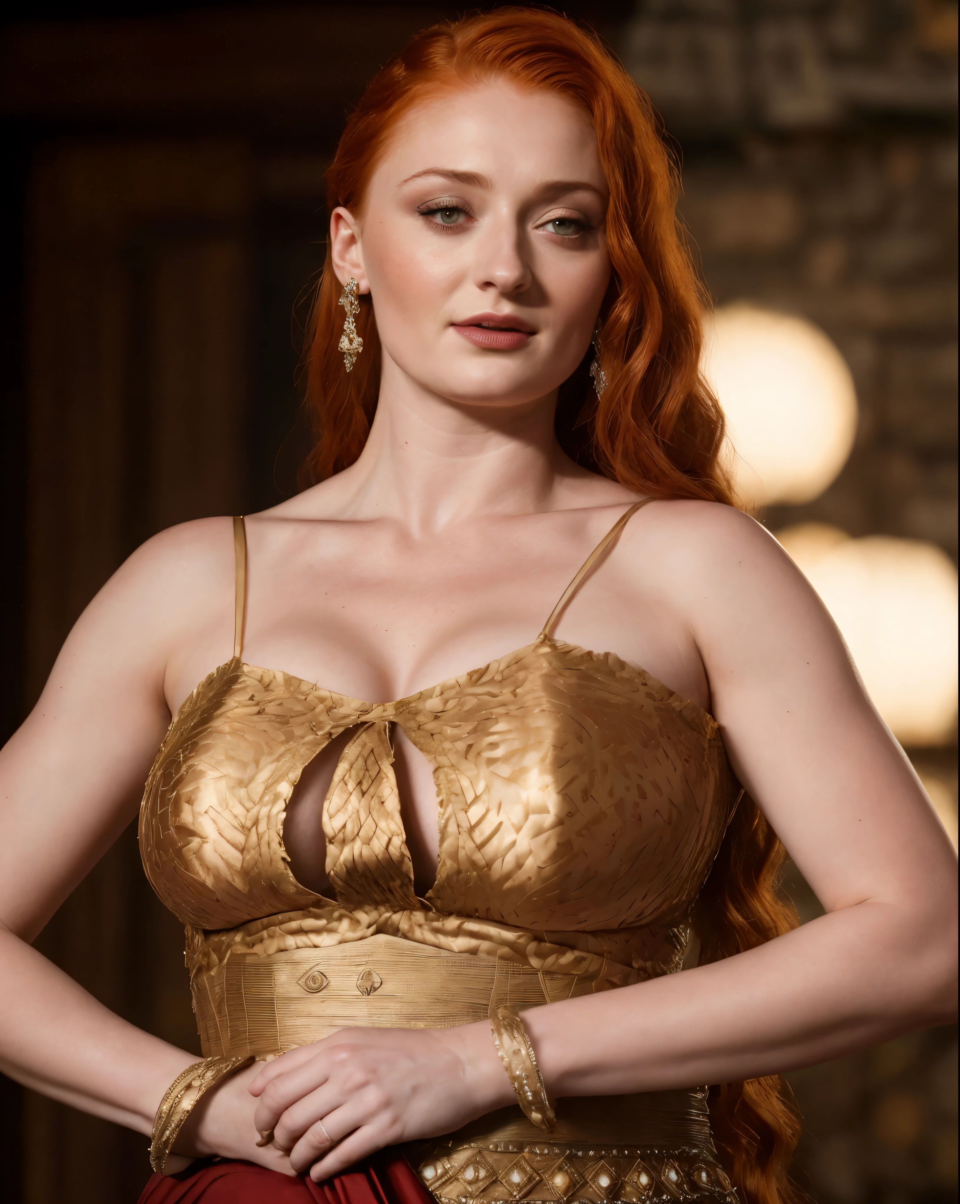 Face of Sophie Turner, Sansa Stark played by Sophie Turner, the de facto Lady of the Eyrie, is a 40-year-old mature queen with a stunning, alluring appearance. Full Face, Full figured woman, pierced eyes, reddish lips, upper body shot, erotic Mediaeval costumes, game of thrones costumes, She wears a Game of Thrones-inspired costume and has a deep cleavage, a perfect thick body, and a perfect thick figure. The photograph captures her in a close-up, with her skin texture and facial features being ultra-realistic and realistic. Juicy thick figure, high quality skin, Skin pores, amazing details, snow, snow flakes, semi realistic, extremely detailed eyes, dark moody orange and black settings, cool environment, artificial intelligence, highly detailed skin pores,