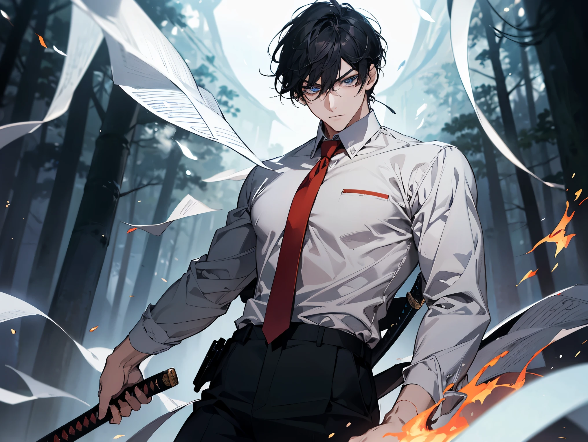 1 man, teacher, wearing white shirt, no suit, rolled up long sleeves, black long pants, black hair, short hair, face to detail, detailed eyes, light blue eyes, serious expression, red tie, the background is a dark forest, Flying pages, In a fighting position. Holding a long katana, white flames