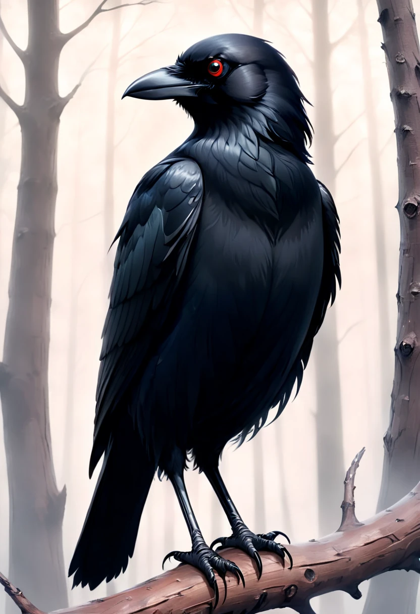 a crow on a bare tree in the misty forest,black feathers,glossy texture,sharp and piercing eyes,feathers ruffling in the wind,ominous presence,(best quality,ultra-detailed,realistic),dark and mysterious,color grading to enhance contrast,soft diffused lighting