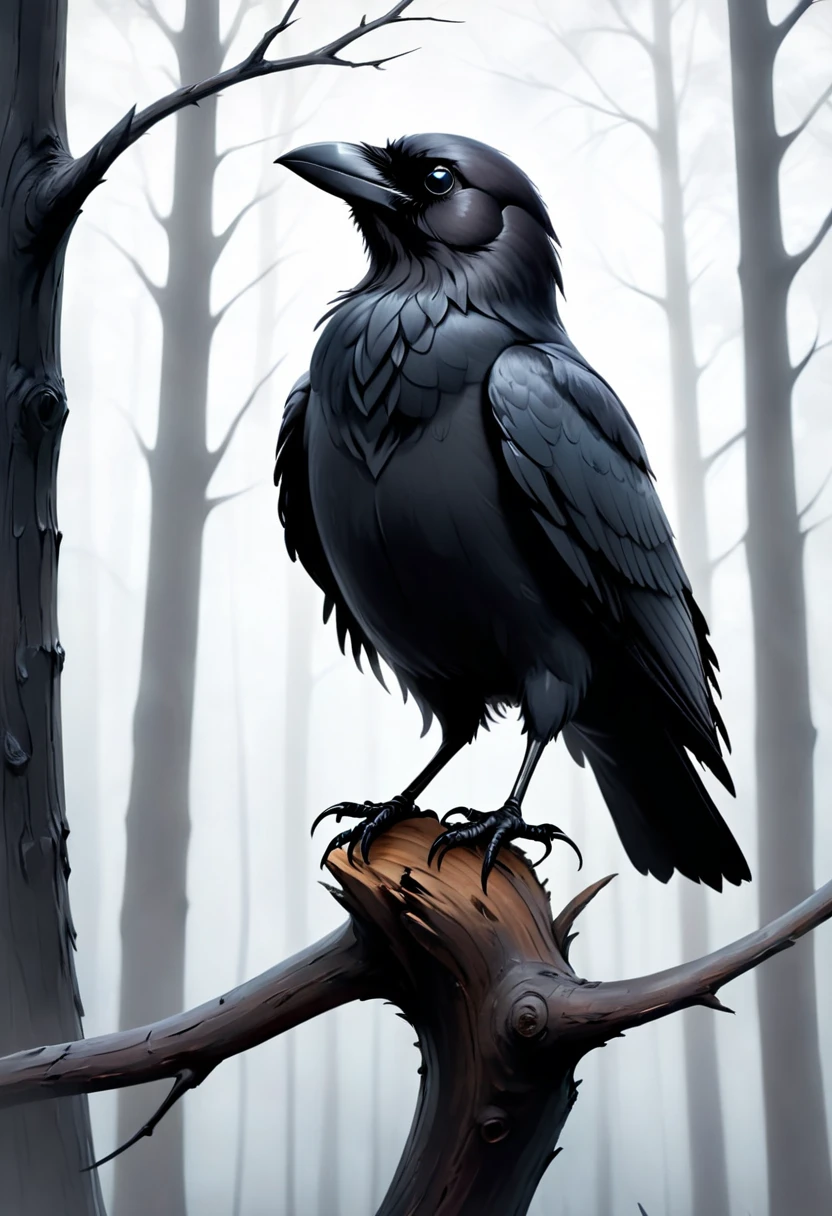 a crow on a bare tree in the misty forest,black feathers,glossy texture,sharp and piercing eyes,feathers ruffling in the wind,ominous presence,(best quality,ultra-detailed,realistic),dark and mysterious,color grading to enhance contrast,soft diffused lighting