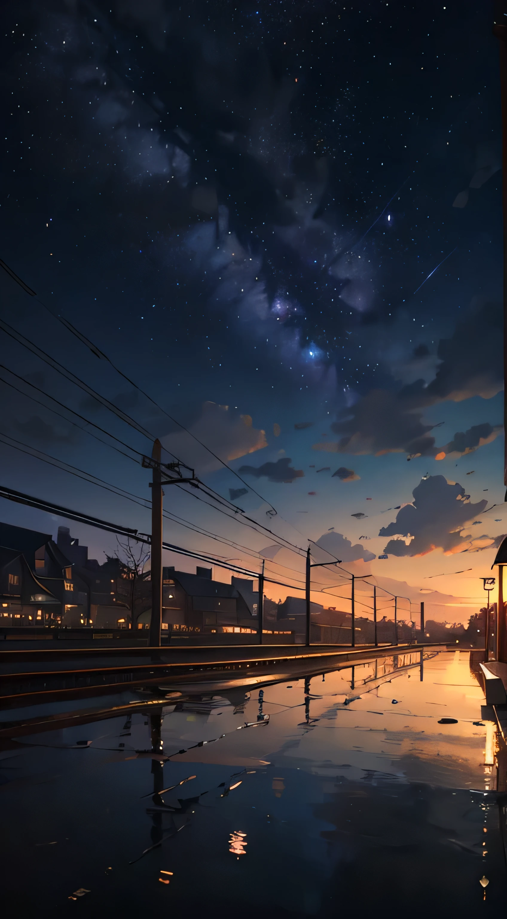 A masterpiece of high quality, landscape, Animated train passing through a body of water on the tracks, bright starry sky. romantic train, pixiv, concept art, Lofiato style, reflection. by makoto shinkai, Lofiato, beautiful anime scene, Anime landscape, Detailed landscape - width 672, in Makoto Shinkai&#39;s style, Makoto Shinkai&#39;s style, Enhanced details.