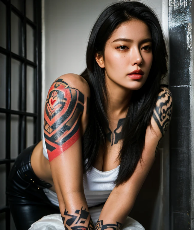 (best quality,height:1.2),very detailed,(realistic:1.37),(soft light),(1 girl),abandoned,from the front,raise hips,(detailed face),(tattoo),Lock the heart of a thief,golden eyes,black hair,long hair.