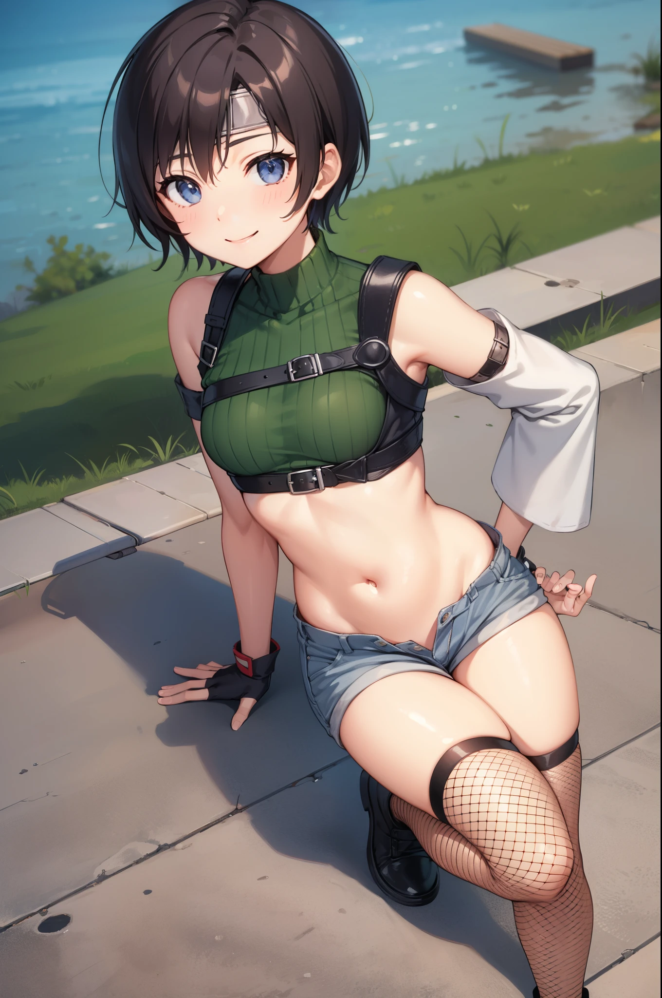 yuffiekisaragi, Yuffie Kisaragi,Haircuts, pixie cut,
壊す crop top, fingerless gloves, fishnet Thighhighs, fishnet, forehead protector, gloves, head band, belly button, short shorts, shorts, single sleeve, single thigh high, No sleeve, No sleeve turtleneck, Thighhighs, turtleneck,
bench、blue sky、smile, solo