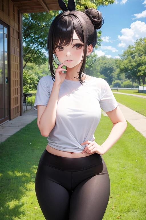 masterpiece、、1 female student、(((Missing arm，bare arms，black short sleeves)))white cloth bun、Shoulder leakage、chubby、Smile、(((、lace slap、black yoga pants)))pale pink lips、posing at school，（Soaked all over），legs are open， solo, White Polo Shirt, looking at the audience,  (Thick thighs:1.0),It&#39;s raining,Red eyes, Blushed,blunt hair,flower headdress，lawn，hands on hips，creek，black hair