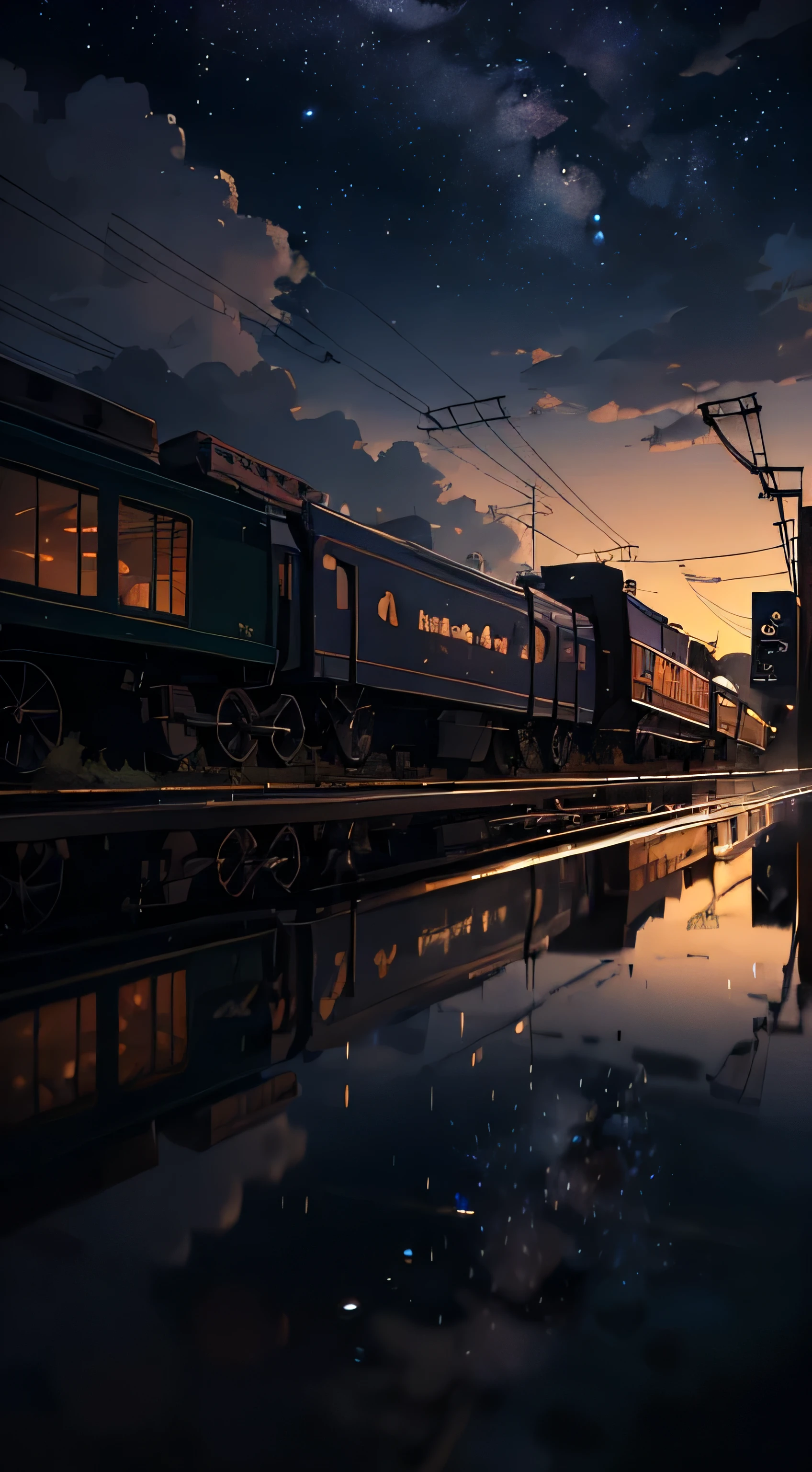 A masterpiece of high quality, landscape, Animated train passing through a body of water on the tracks, bright starry sky. romantic train, pixiv, concept art, Lofiato style, reflection. by makoto shinkai, Lofiato, beautiful anime scene, Anime landscape, Detailed landscape - width 672, in Makoto Shinkai&#39;s style, Makoto Shinkai&#39;s style, Enhanced details.