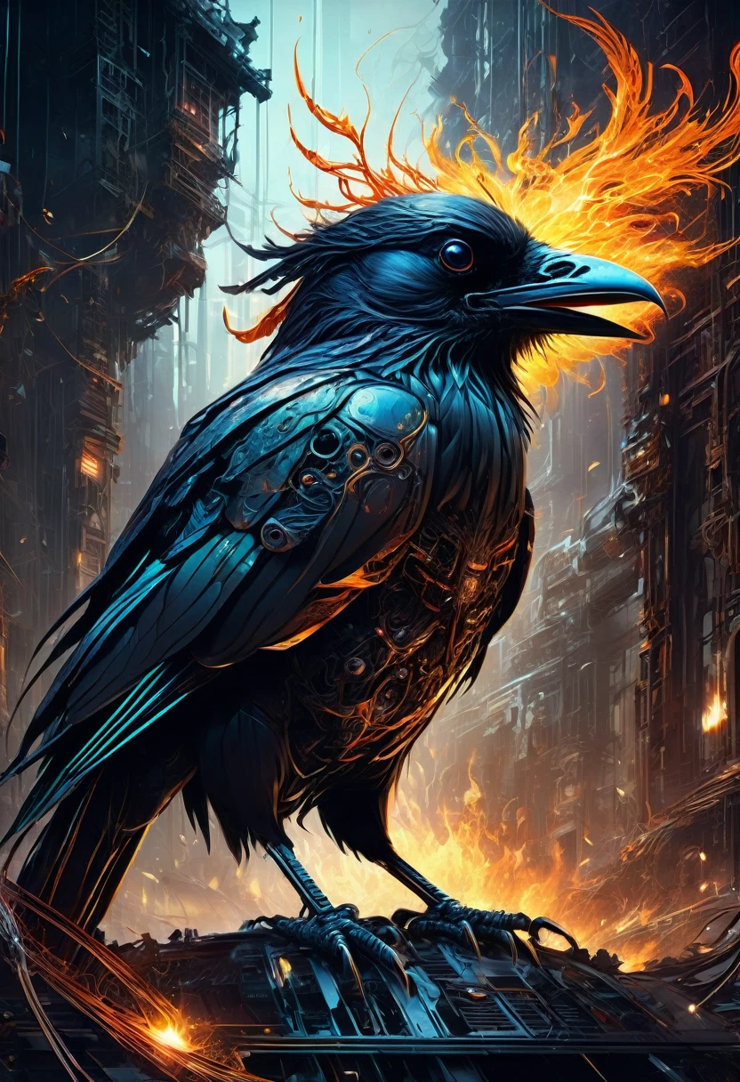 A masterful artistic digital rendering of a sinister cybernetic crow made from sparks and fire by Simon Prades, h.r giger, russ mills, Shaun Ryken, celestial, UHD, 8k resolution, fantasy editorial art, complex and hyperdetailed, beautiful composition, a modern surrealistic masterpiece by Dan Mumford