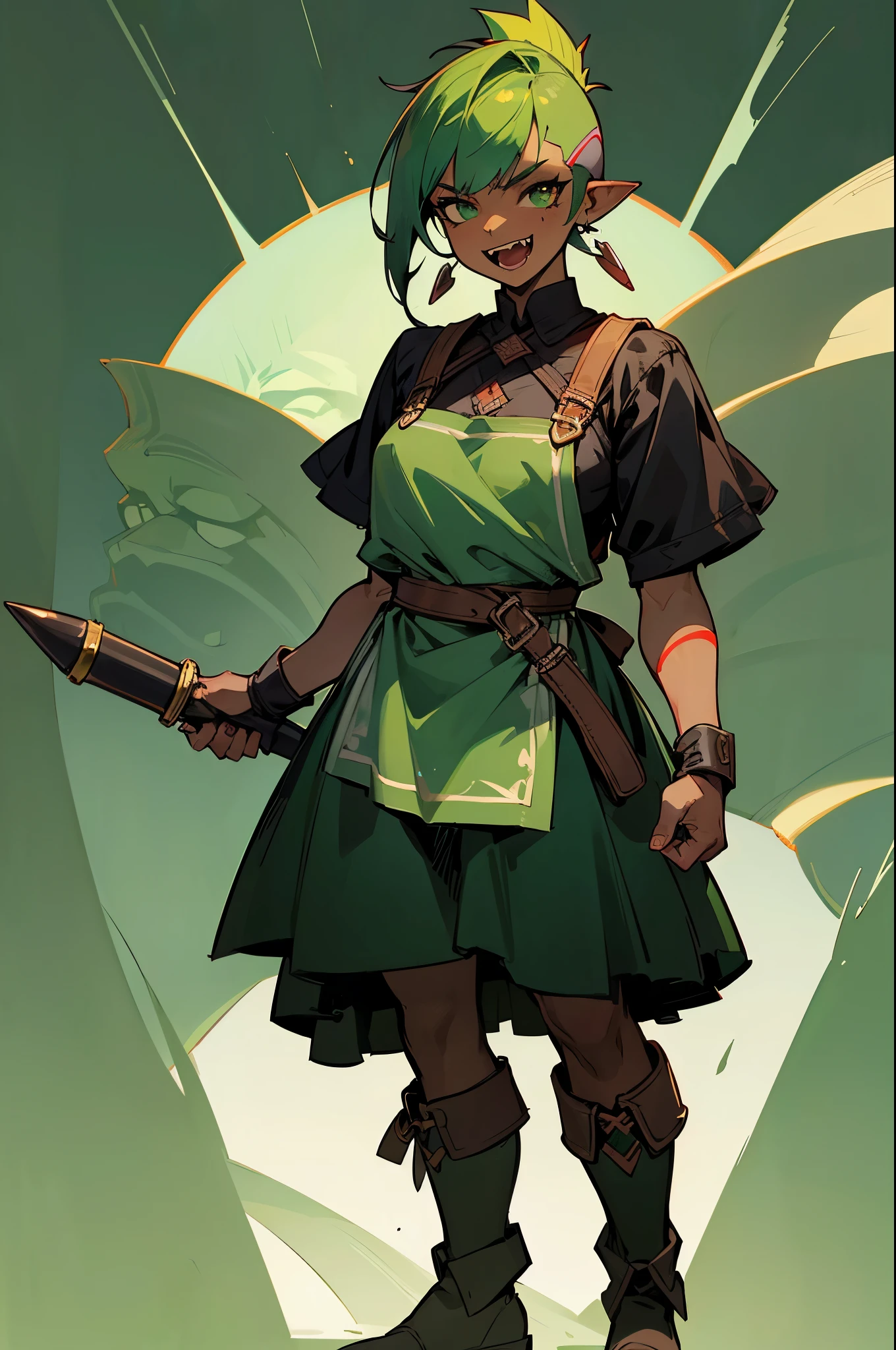 half-orc, green colored skin, Female, Fantastic looks, rpg character, Fantasia Middle Ages, whaite hair, Redness of the eyes, 1.90 height, muskateer, Semi-body shot, a scar, ((Mohawk haircut)), Black boots, full bodyesbian ((full bodyesbian)), Musk, Blacksmith's apron, ((Outfit in black)), ((Dark green skin)), dam, ((Open mouth fangs)), ((high high quality)), ((Half-orc Maduro)), ((Middle age))
