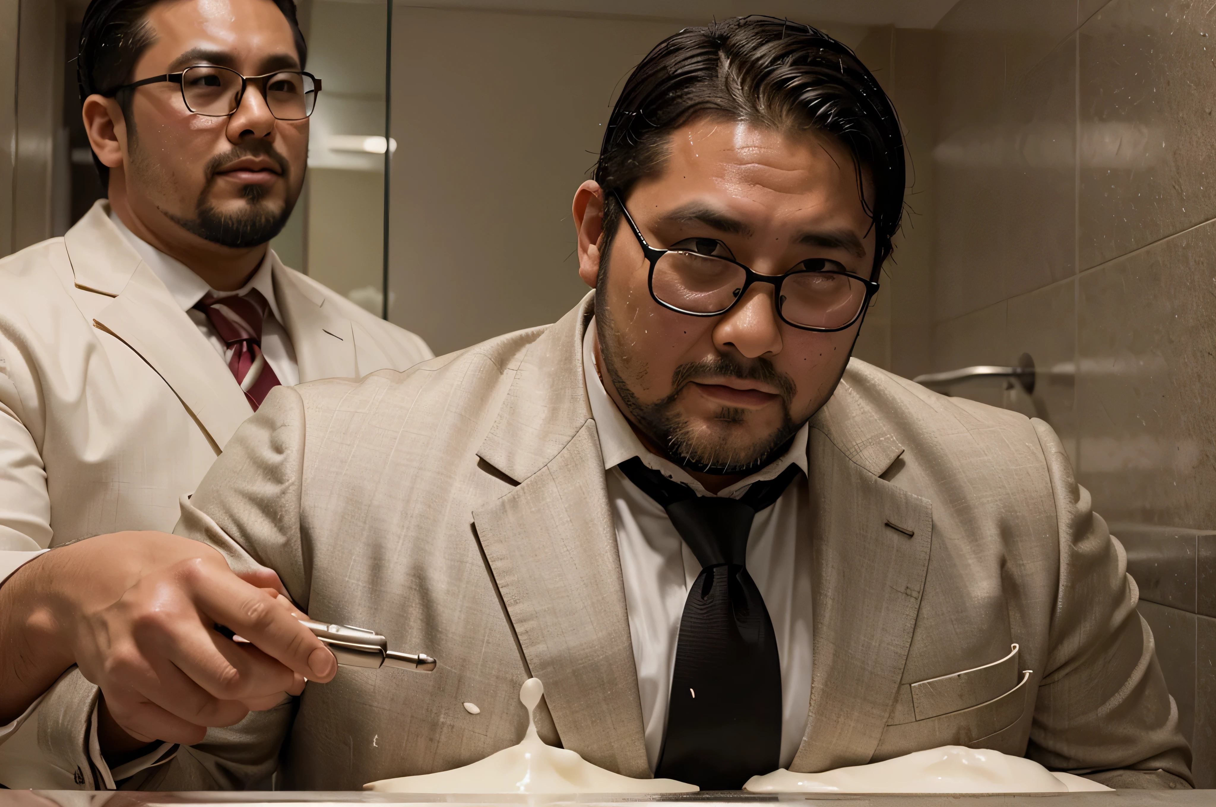 huge load of cum all over the face and body of a 39 year old stocky chubby thick Japanese businessman wearing suit and tie and glasses with short hair and beard in a mens room