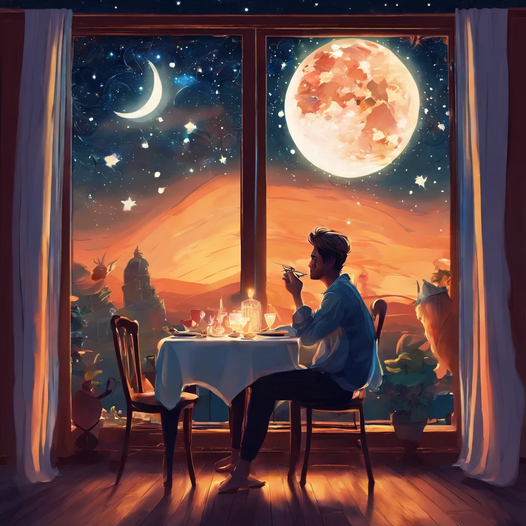 Cute guy sitting at the table and having dinner late at night. Floor-to-ceiling window, the curtains fly in the wind, the sky full of wonderful stars outside the window and a big moon
Cute, beautiful, nice, sweet