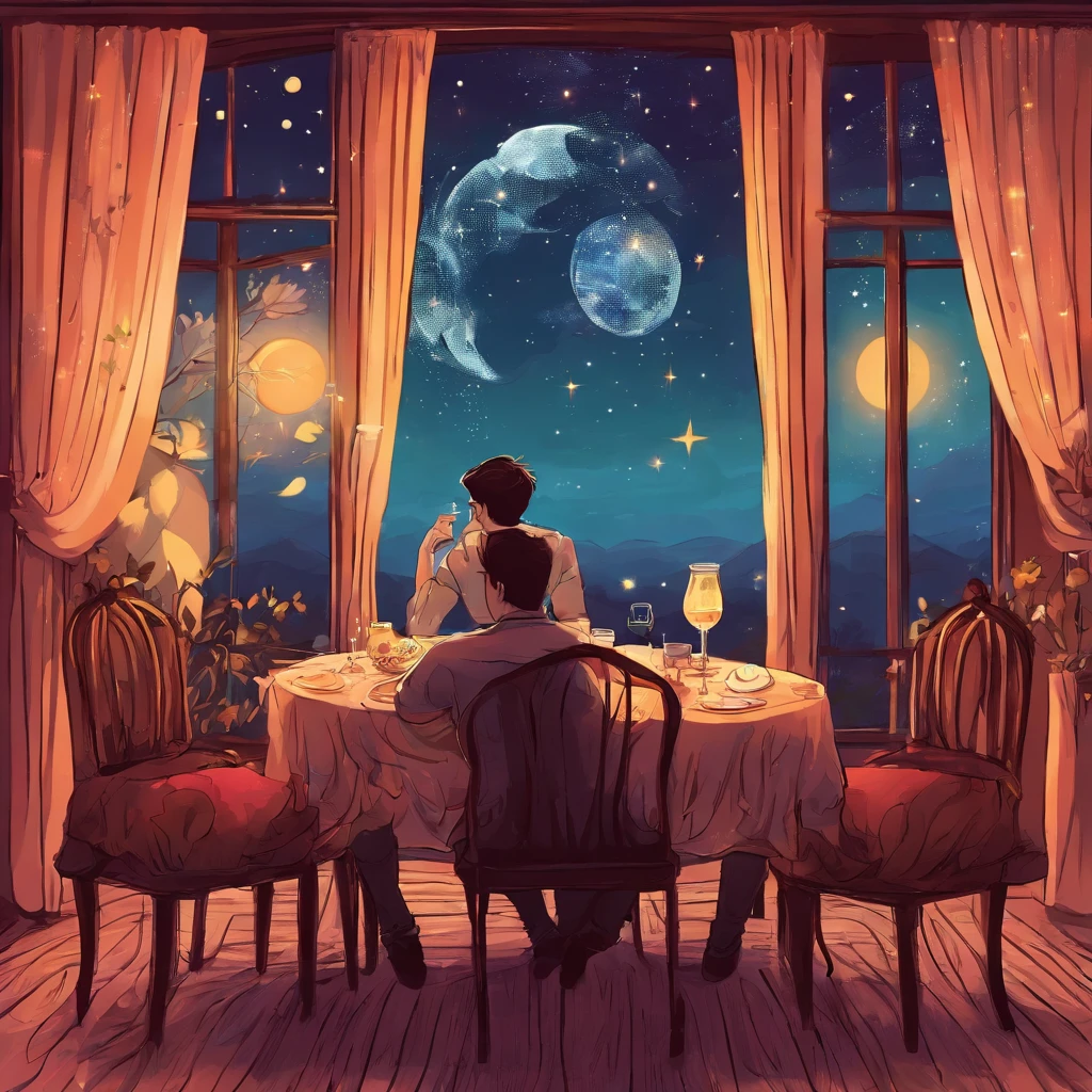 Cute guy sitting at the table and having dinner late at night. Floor-to-ceiling window, the curtains fly in the wind, the sky full of wonderful stars outside the window and a big moon
Cute, beautiful, nice, sweet